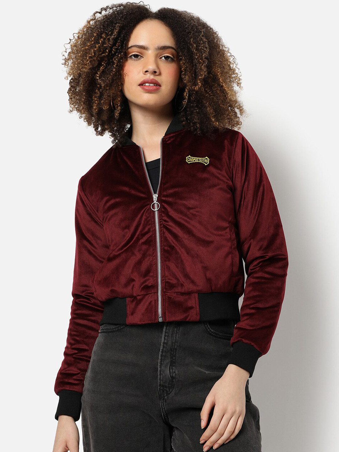 Campus Sutra Women Maroon Windcheater Outdoor Bomber Crop Jacket
