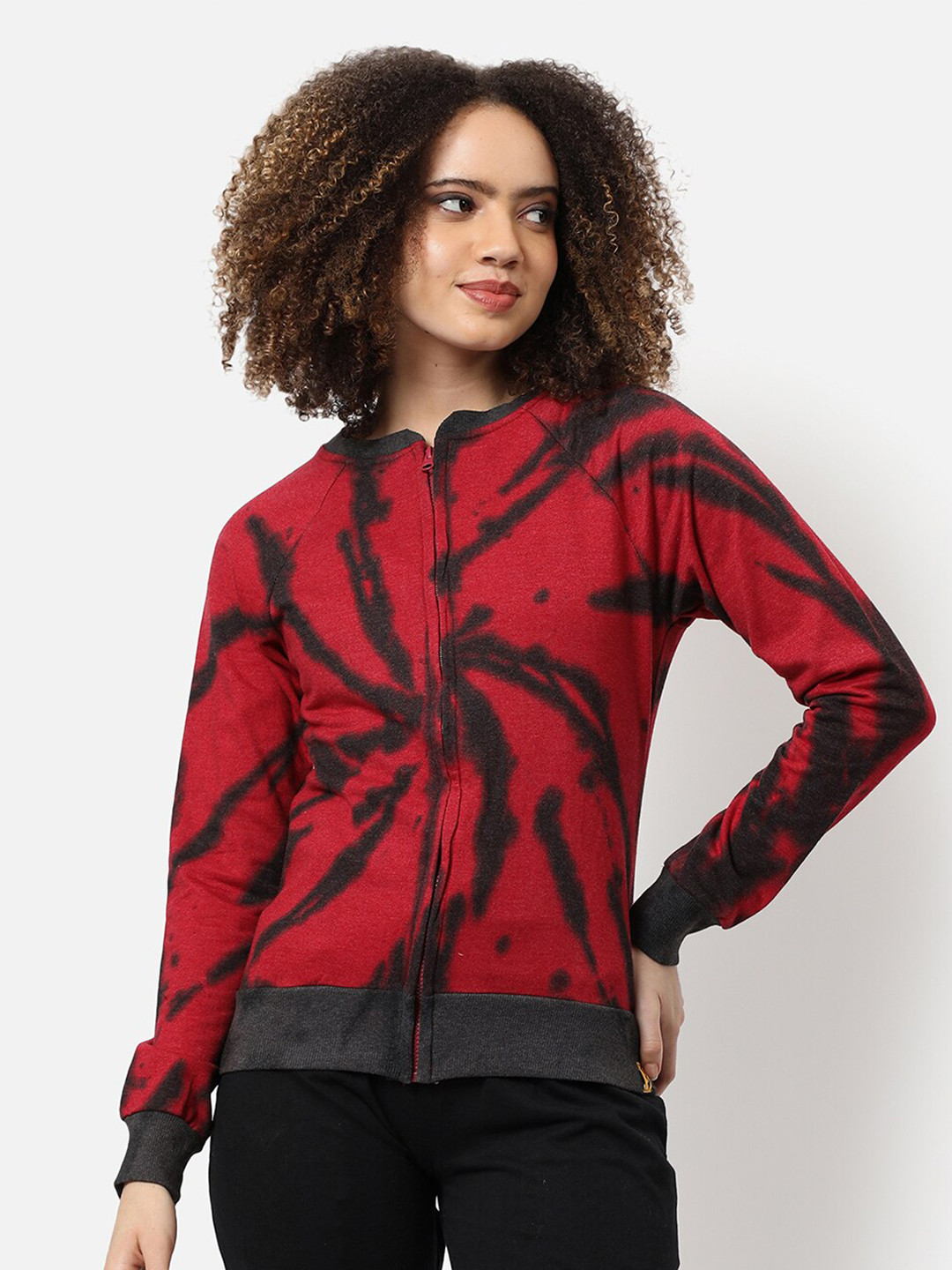 Campus Sutra Women Red & Black Tie-Dye Regular Fit Zipper Sweatshirt