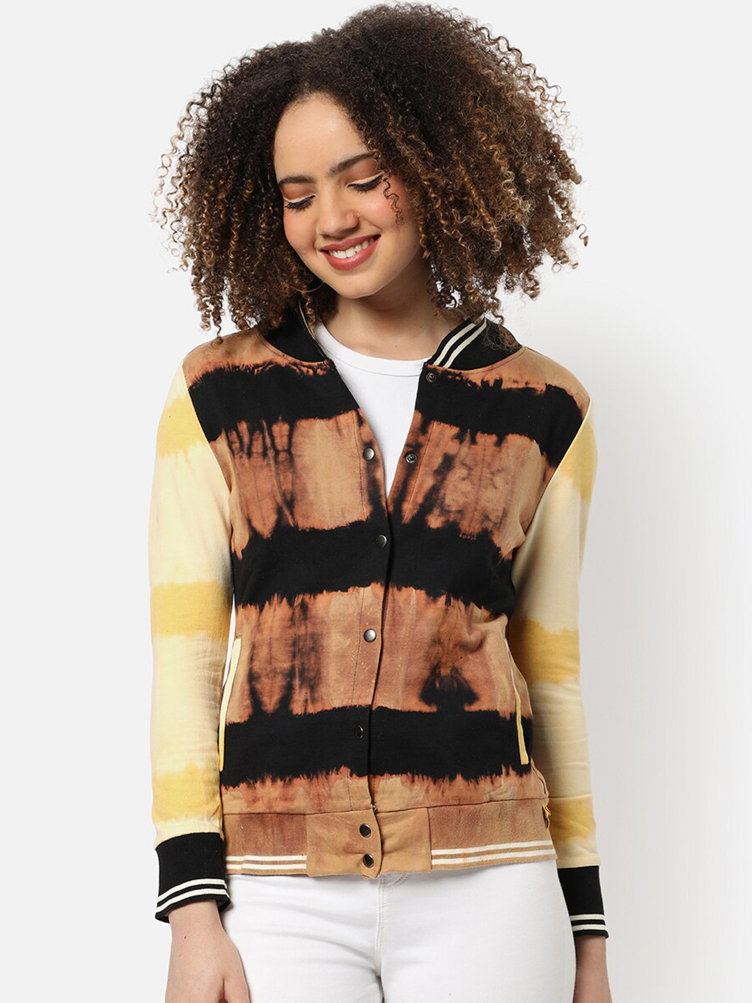 Campus Sutra Women Brown Tie Dye Windcheater Crop Outdoor Bomber Jacket