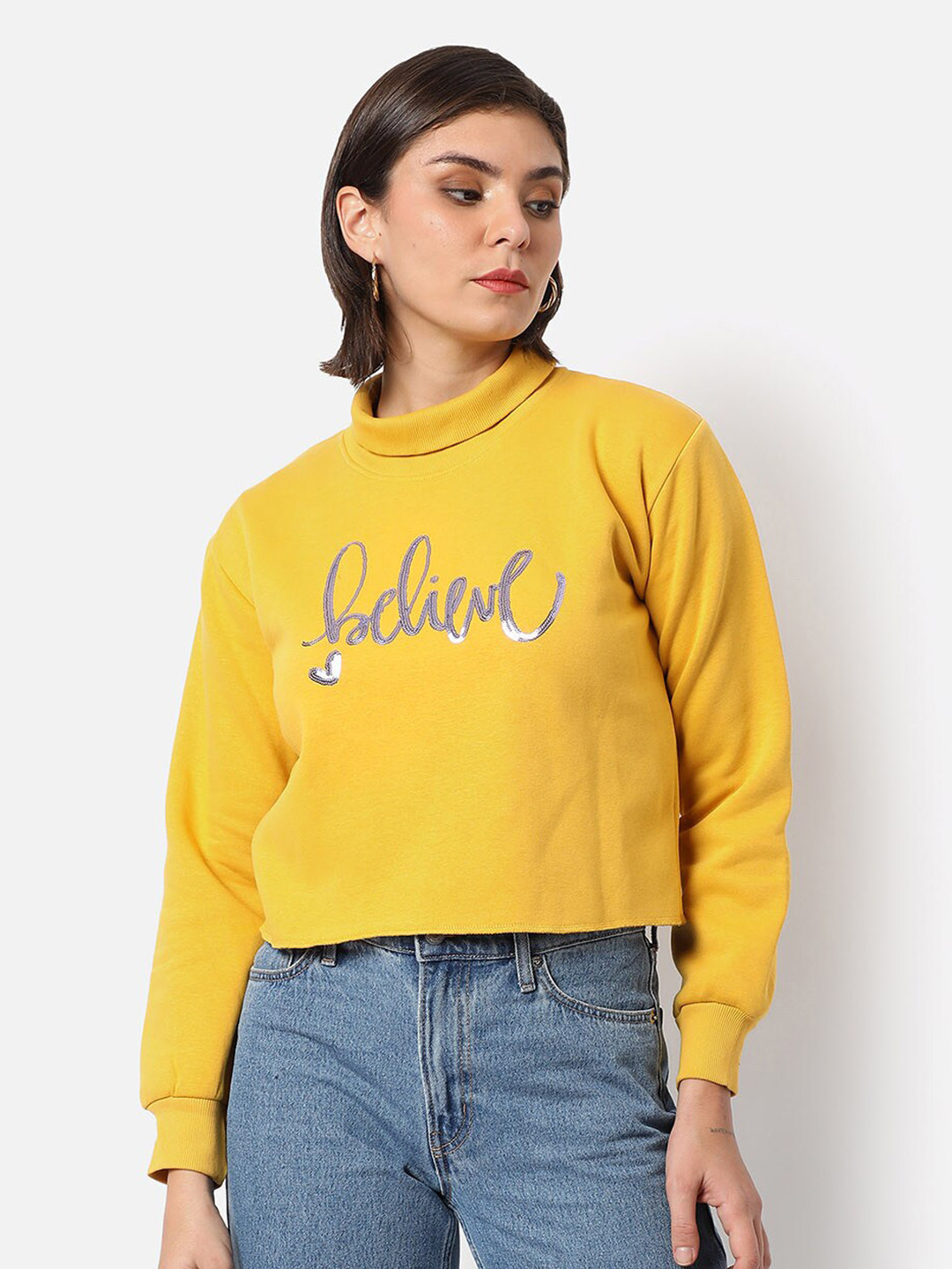 Campus Sutra Women's Mustard Yellow Printed Regular Fit Sweatshirt For Winter Wear