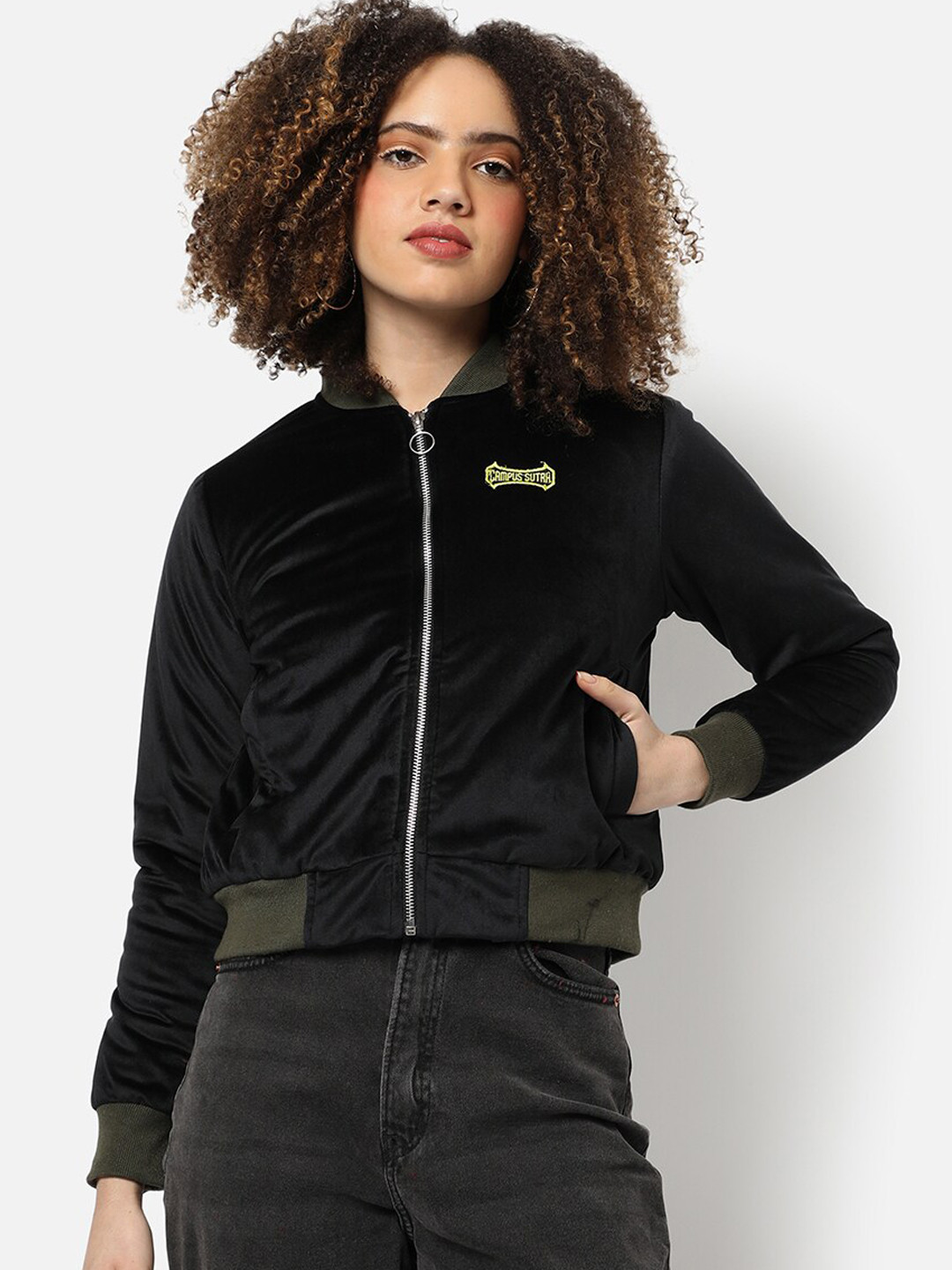 Campus Sutra Women Black Windcheater Outdoor Bomber Crop Jacket