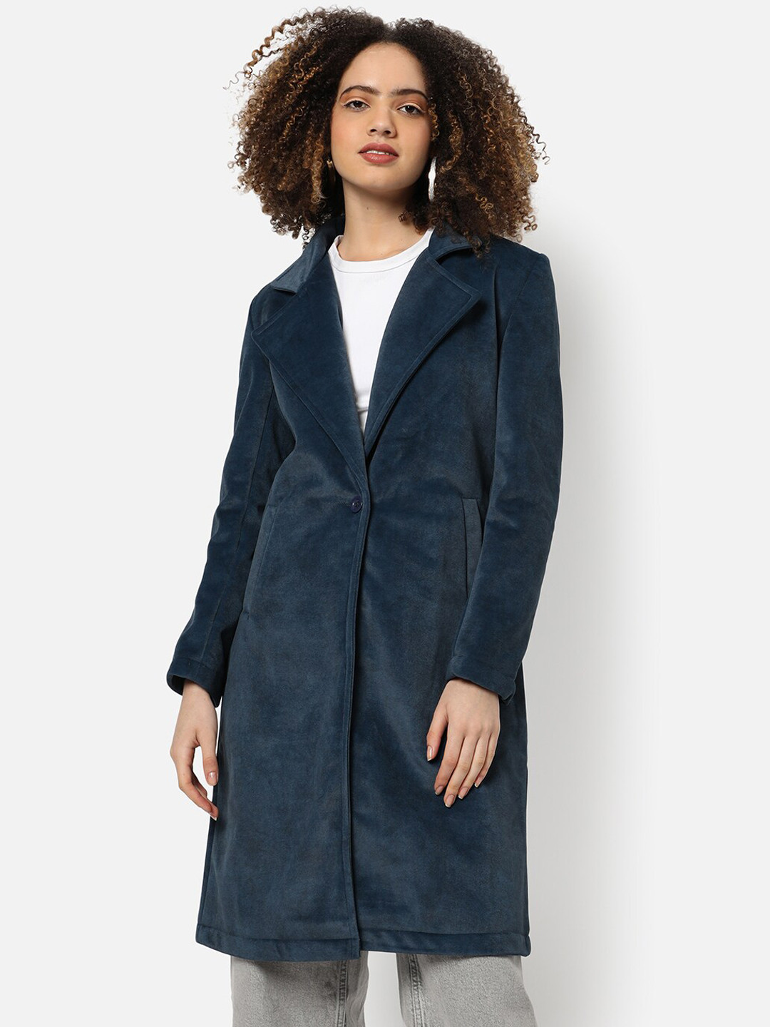 Campus Sutra Women Blue Solid Longline Coats