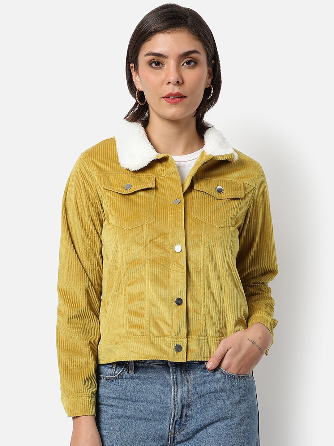 Campus Sutra Women's Mustard Corduroy Regular Fit Utility Jacket For Winter Wear
