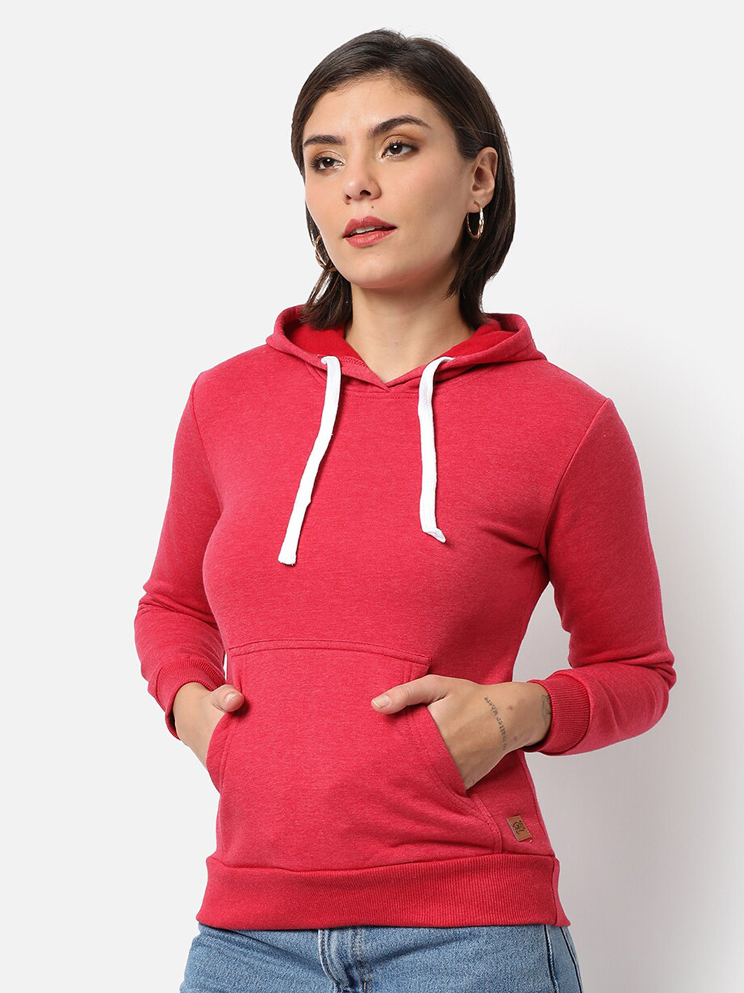 Campus Sutra Women Red Solid Hooded Sweatshirt