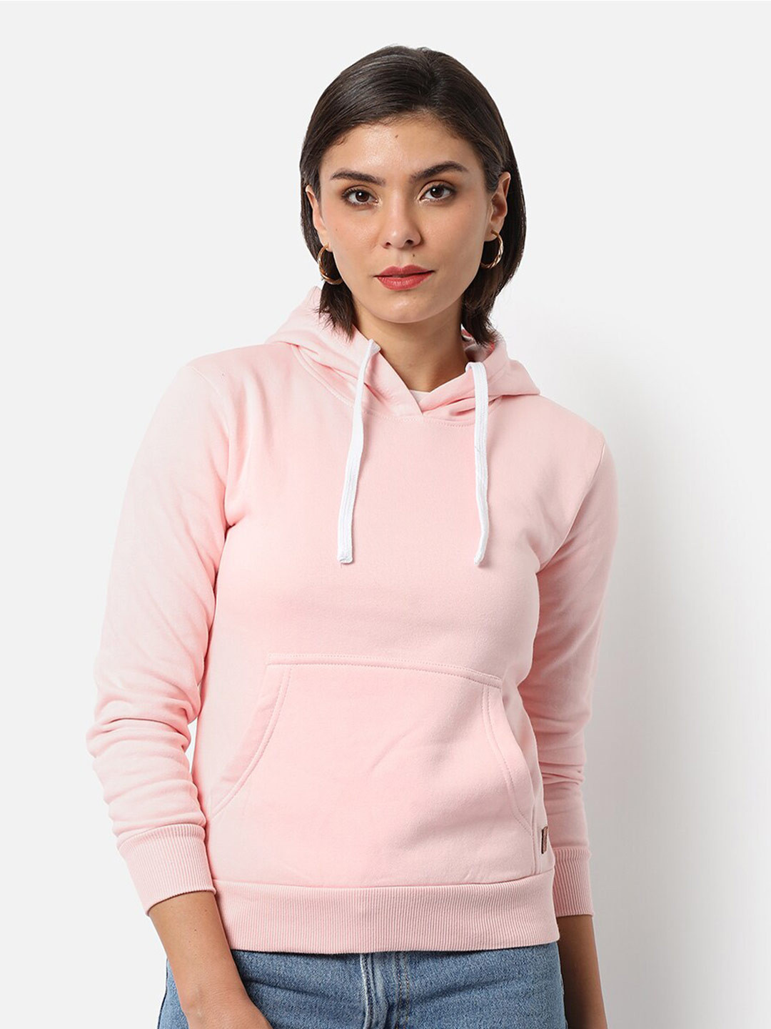 Campus Sutra Women Pink Solid Hooded Pull Over Sweatshirt