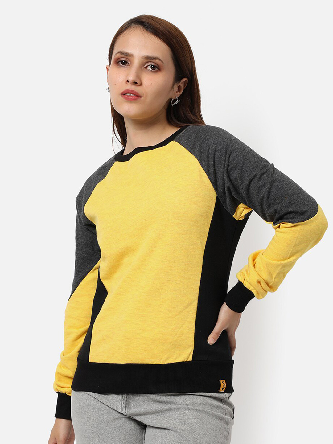 PINACOLADA Women Yellow & Grey Colourblocked Cotton Sweatshirt