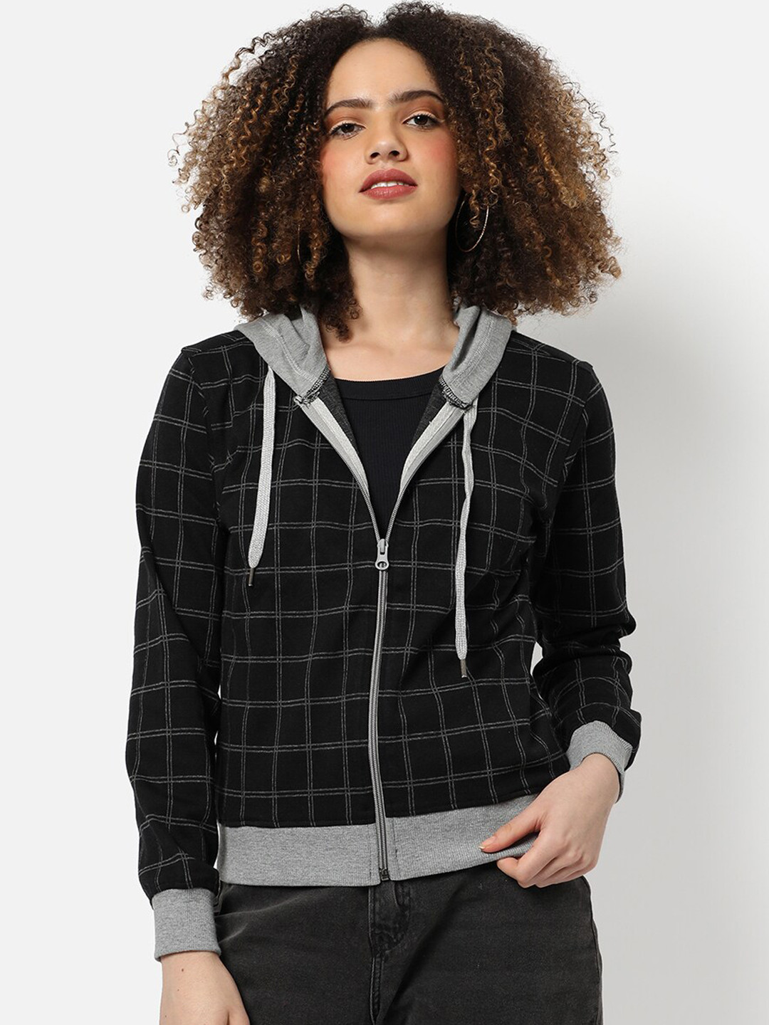 Campus Sutra Women Black Grey Checked Cotton Outdoor Open Front Jacket