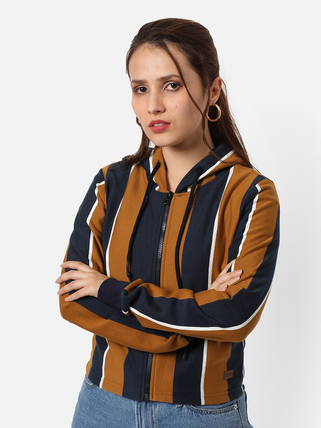 Campus Sutra Women Brown Striped Hooded Sweatshirt