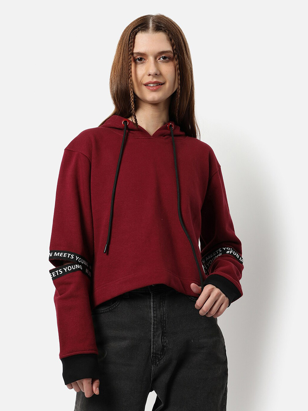 Campus Sutra Women Red Solid Hooded Sweatshirt