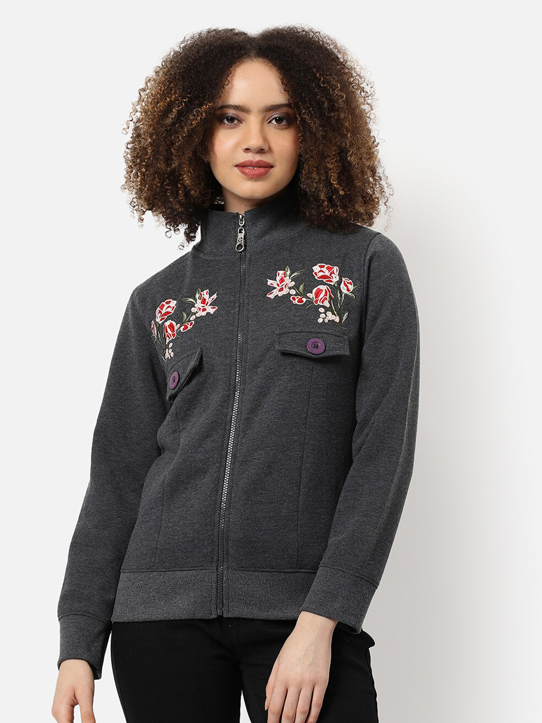 Campus Sutra Women Charcoal Tailored Jacket with Embroidered