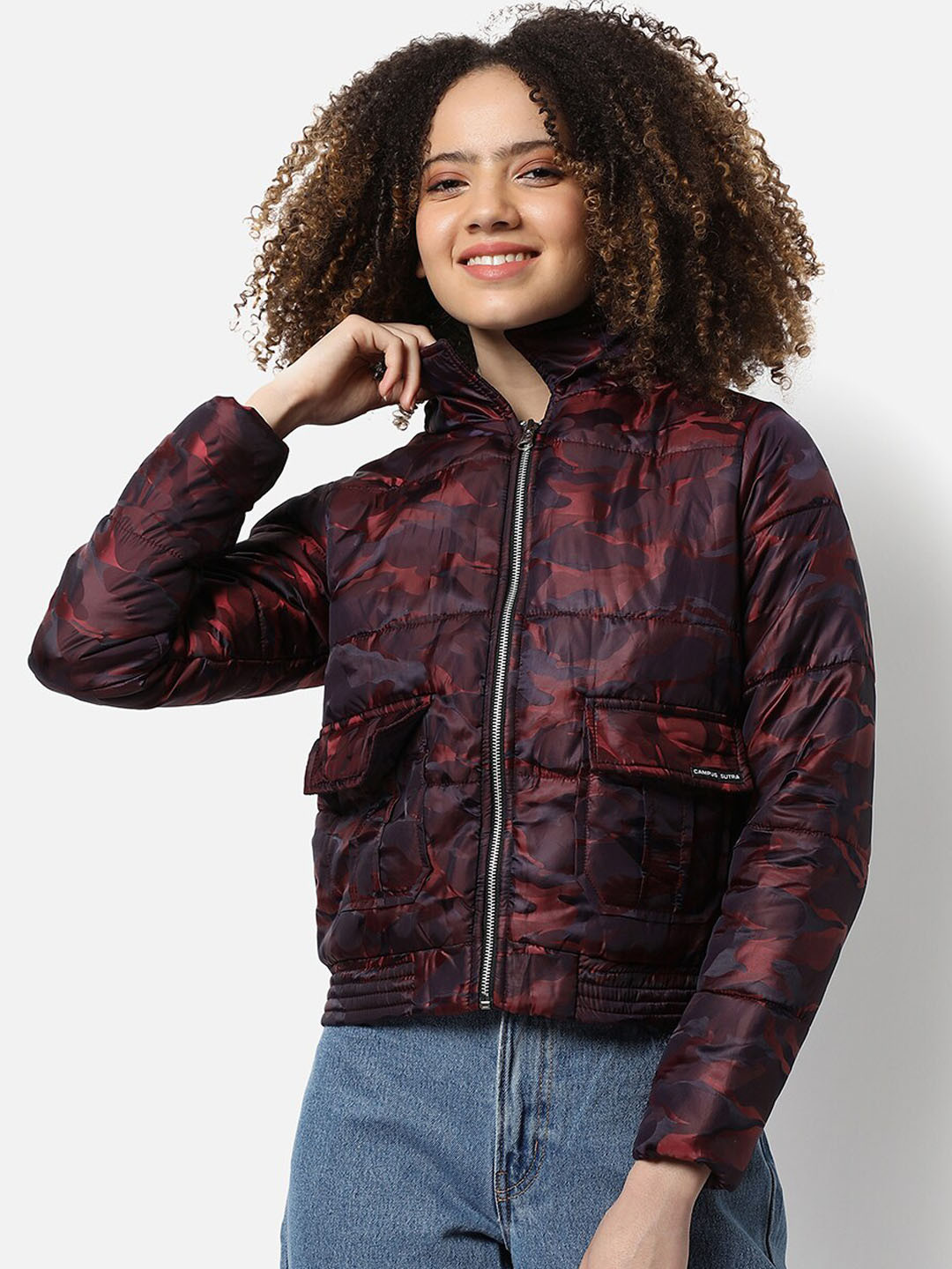 Campus Sutra Women Maroon Camouflage Windcheater Bomber Jacket