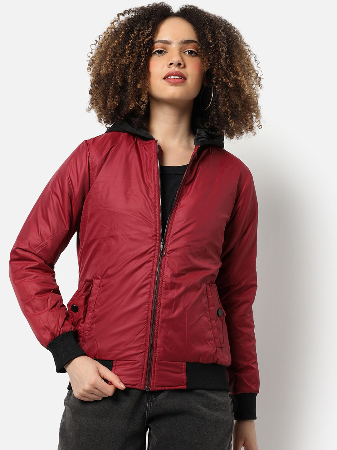 Campus Sutra Women Red Hooded Bomber Jacket