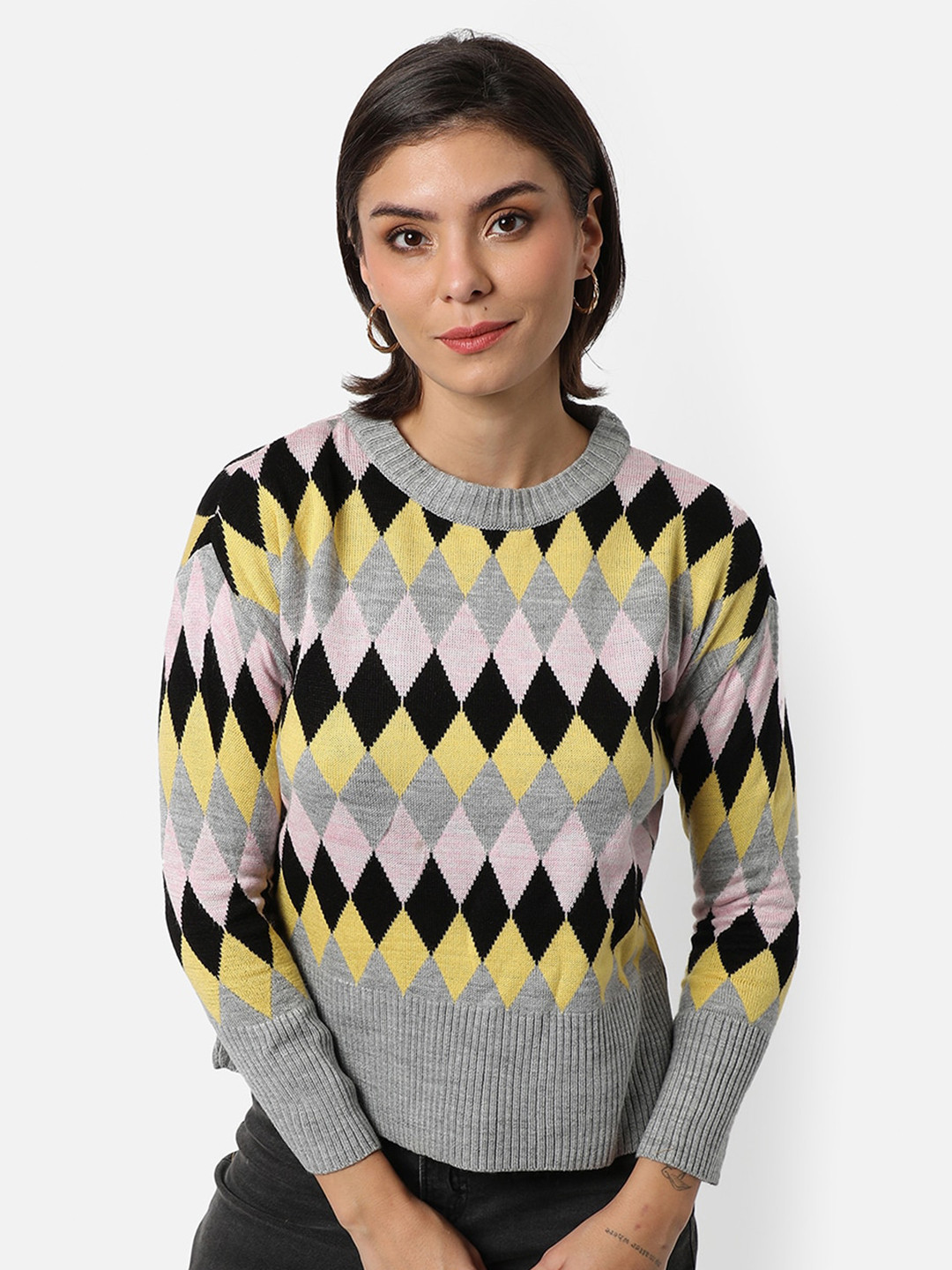 Campus Sutra Women Grey & Yellow Regular Fit Pullover Sweater