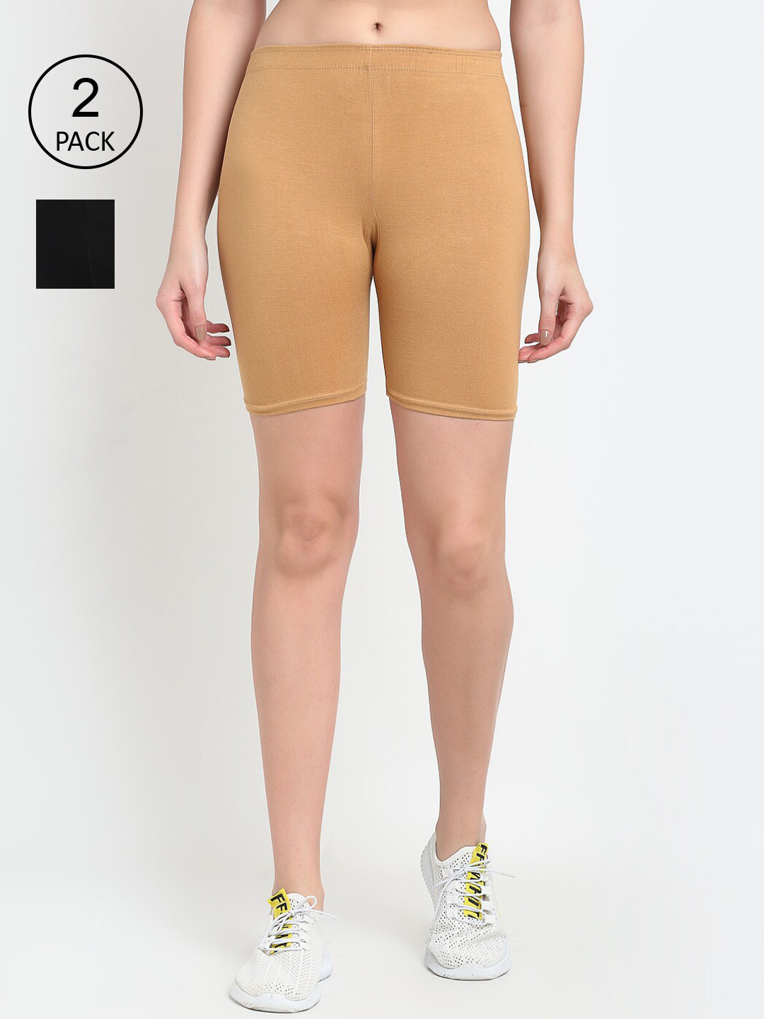 GRACIT Women Black And Biege Cycling Sports Shorts Set of 2