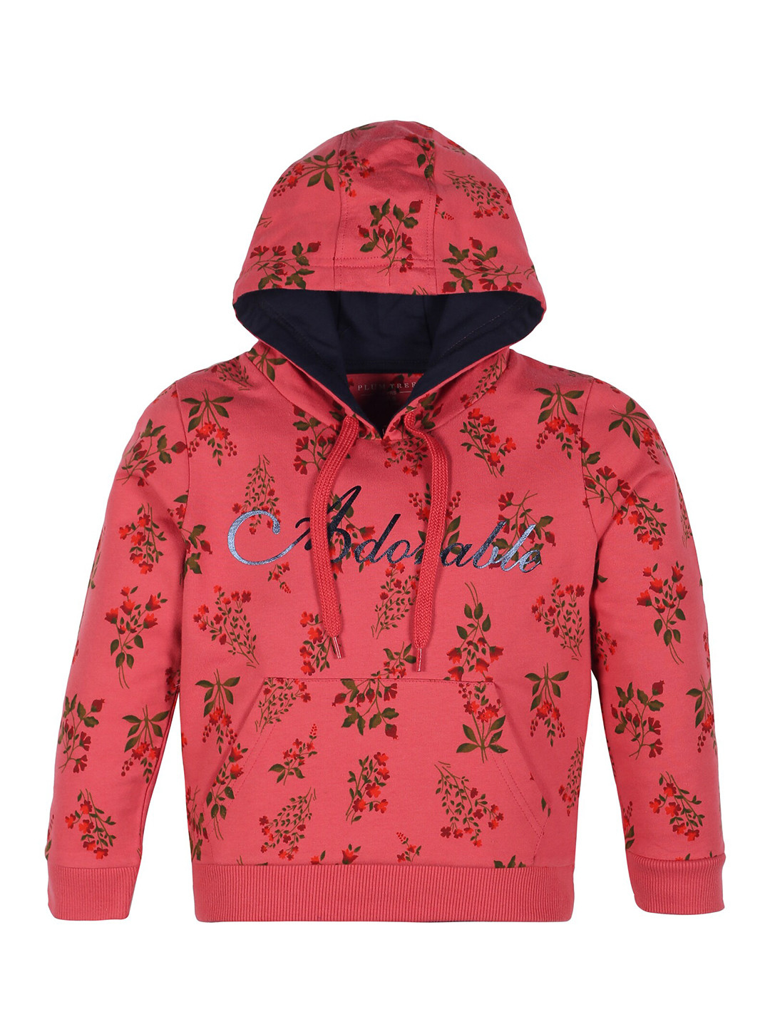 PLUM TREE Girls Pink Floral Print Pure Cotton Hooded Sweatshirt