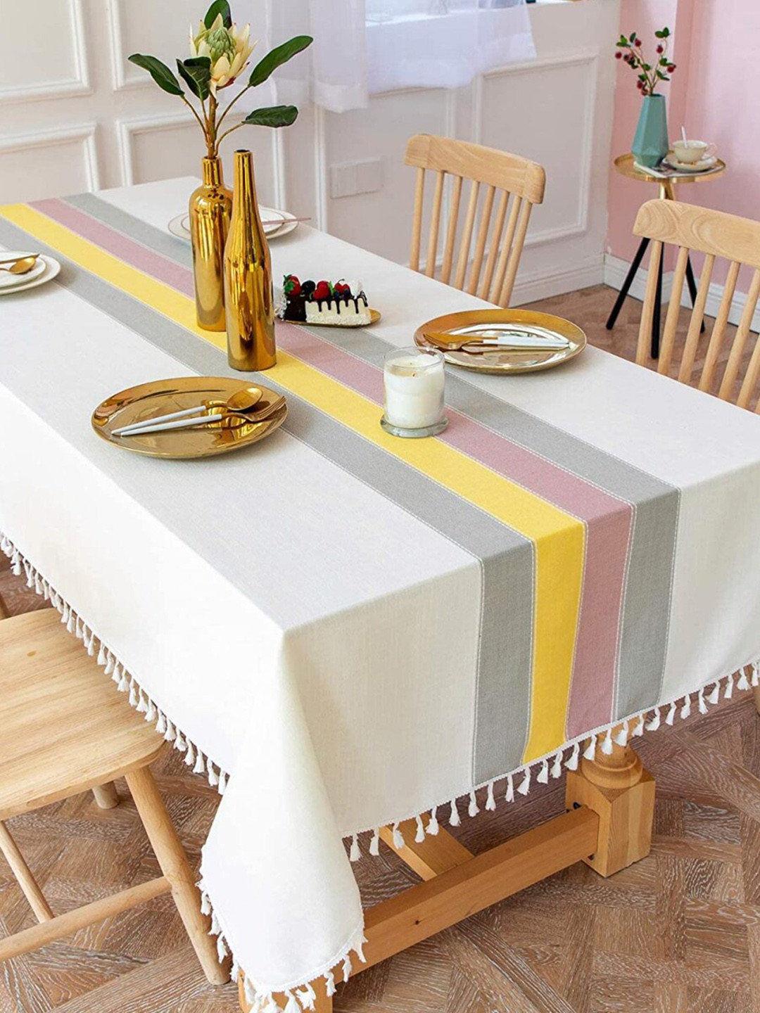 URBAN SPACE Grey Striped 6 Seater Table Cloth