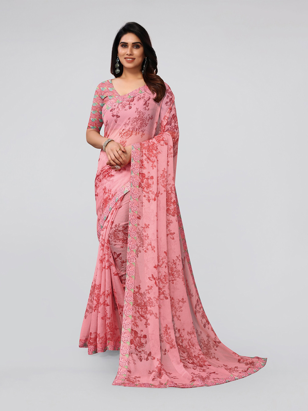 KALINI Peach-Colored Floral Print Poly Chiffon Saree