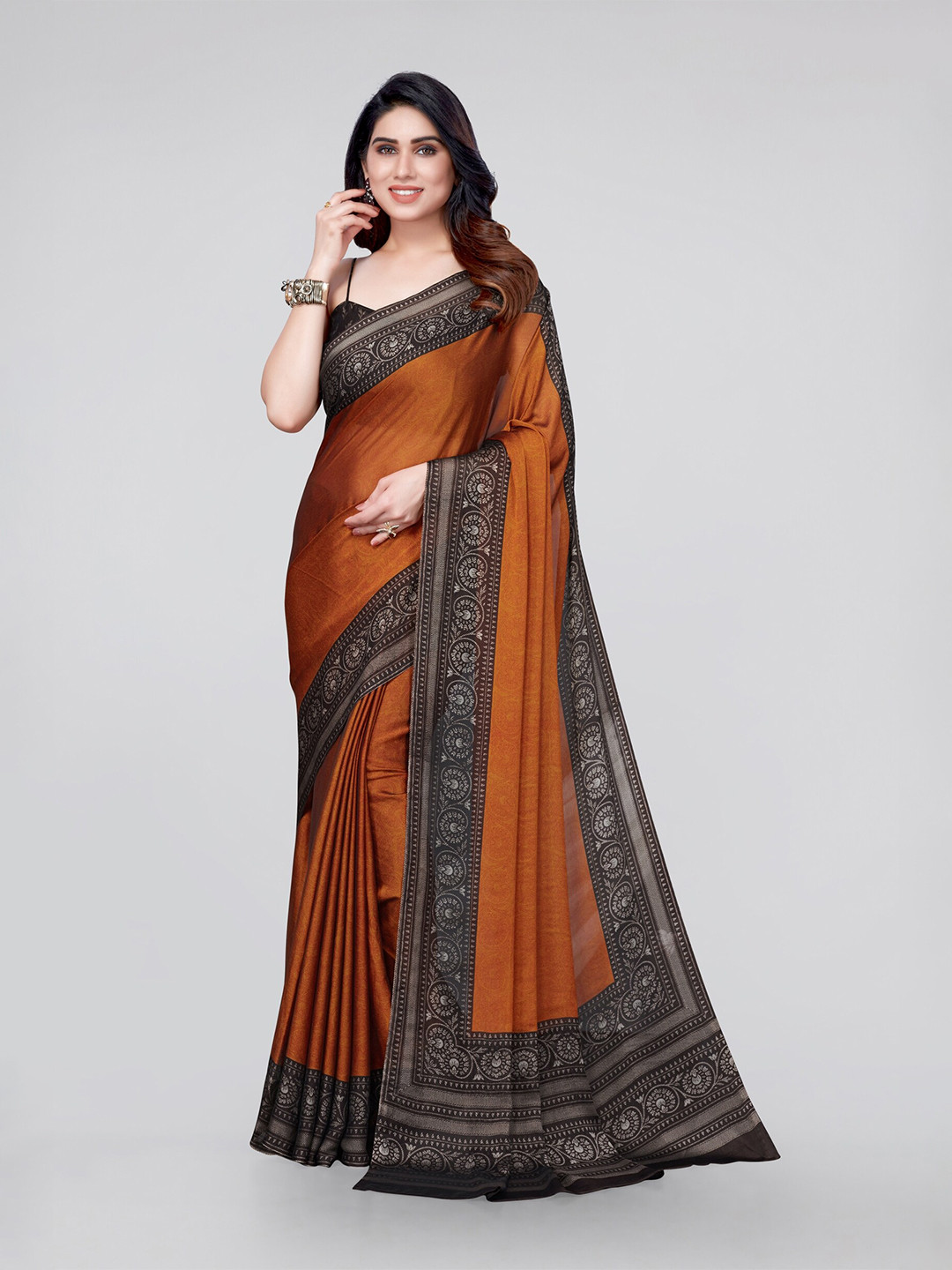 MIRCHI FASHION Rust & Brown Printed Zari Saree