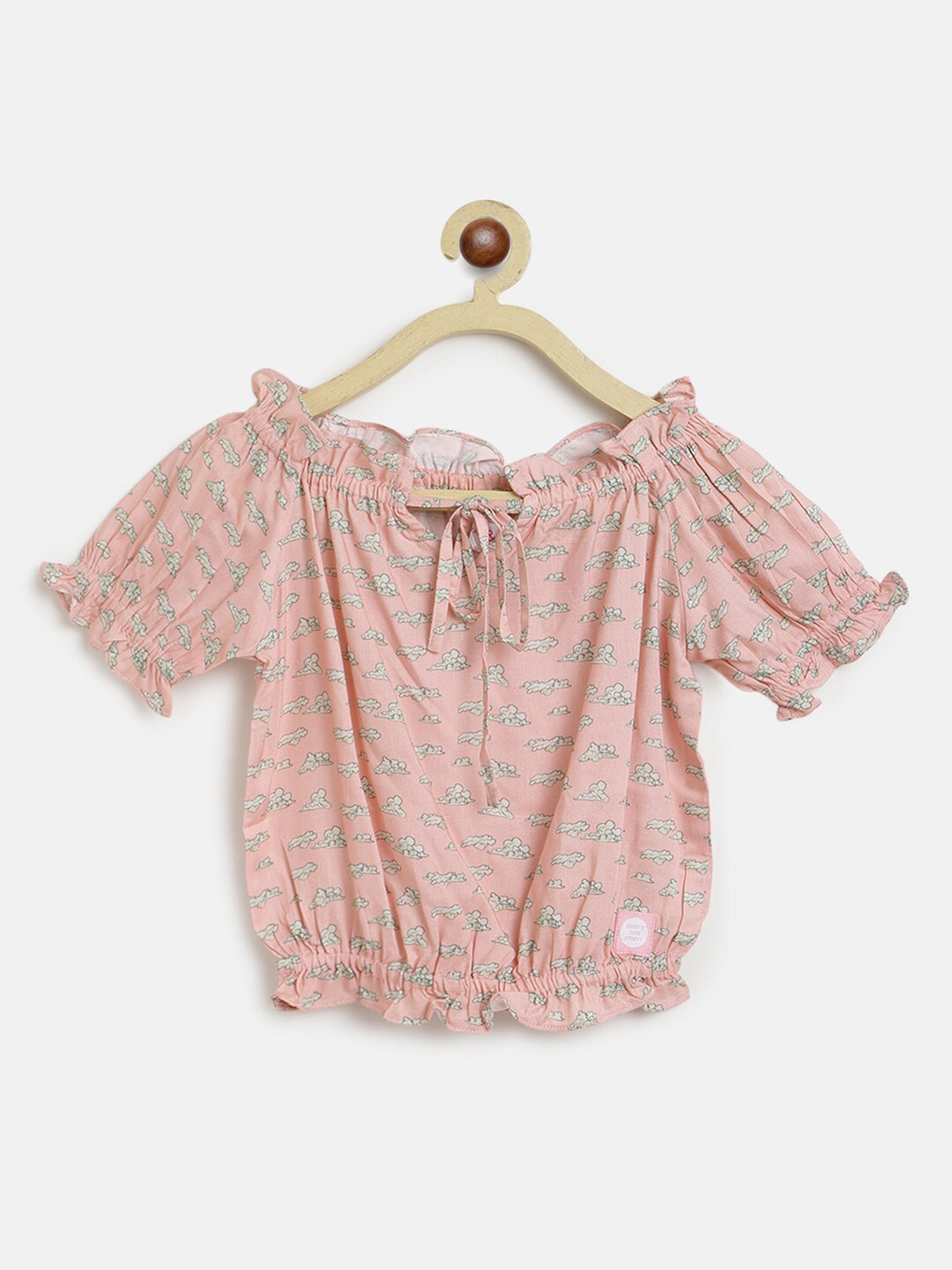 TALES & STORIES Peach-Coloured & Off White Print Tie-Up Neck Blouson Top