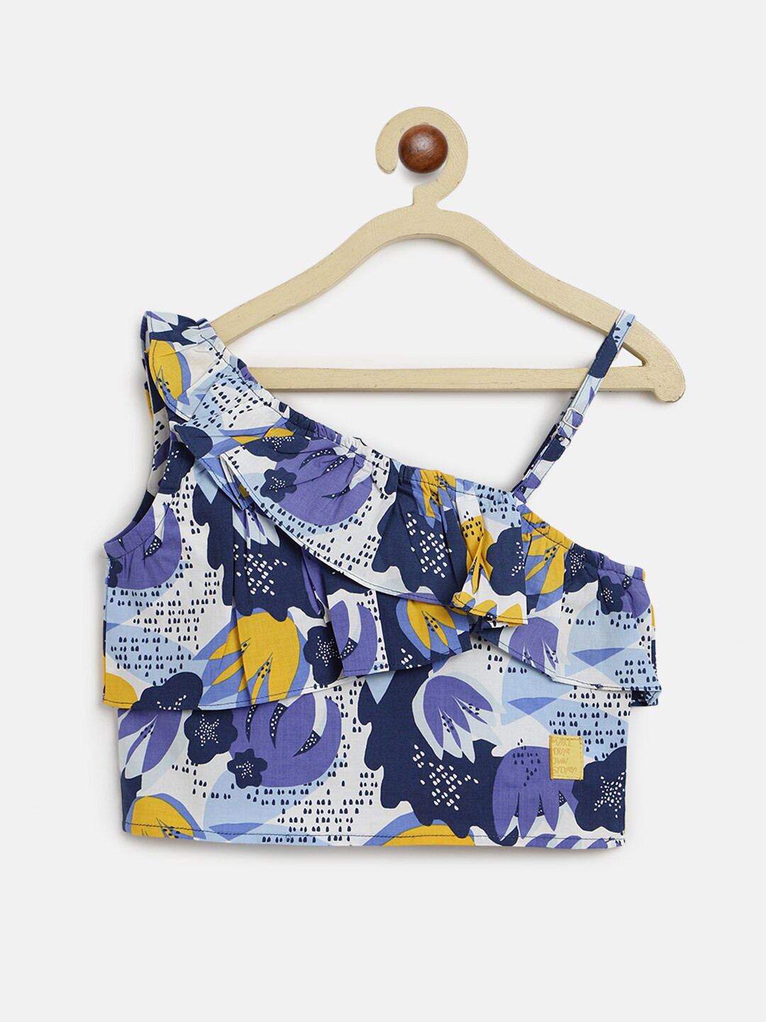 TALES & STORIES Blue & Yellow Floral Print One Shoulder Crop Top