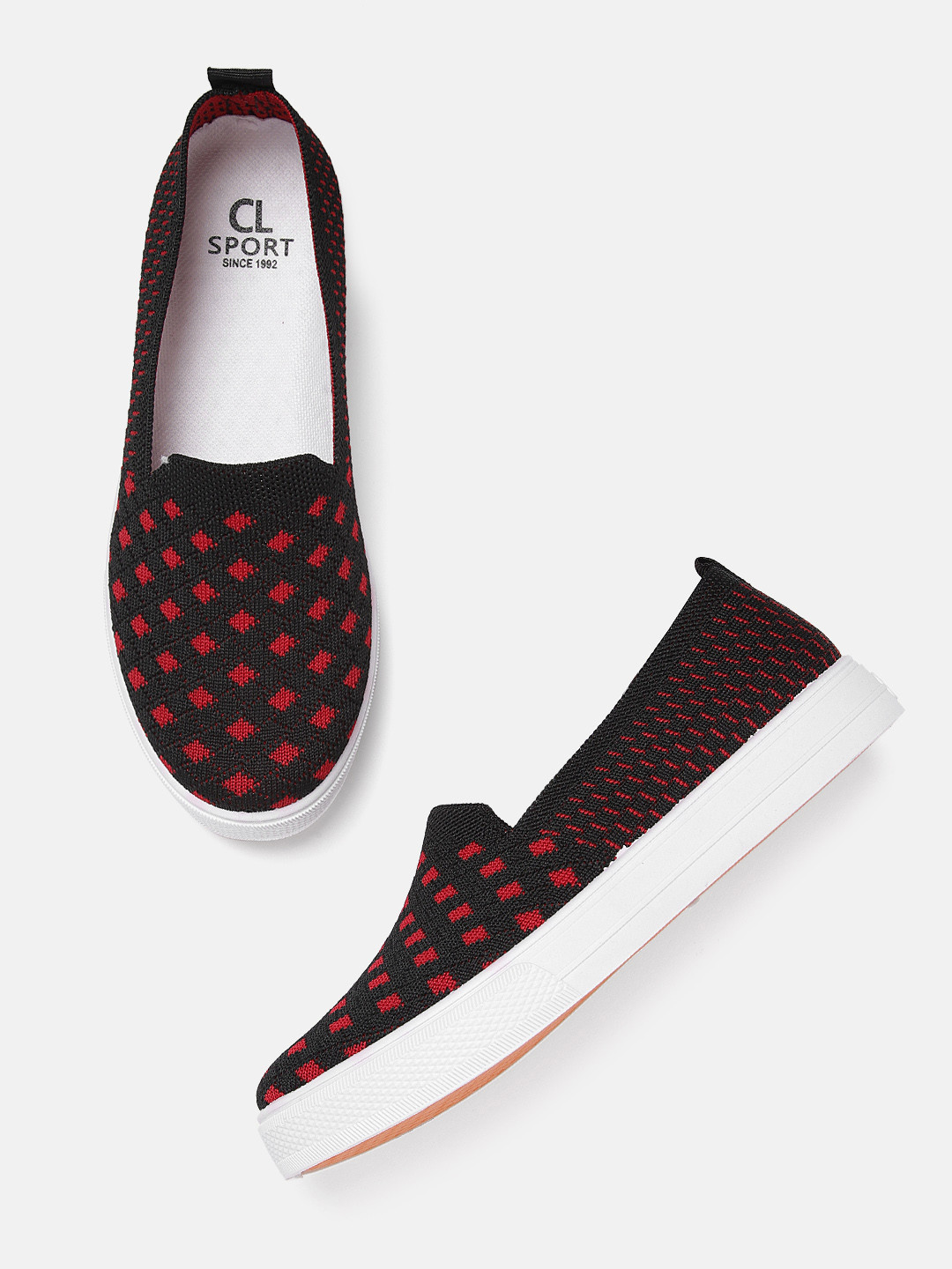 Carlton London sports Women Black & Red Geometric Woven Design Slip-On Sneakers
