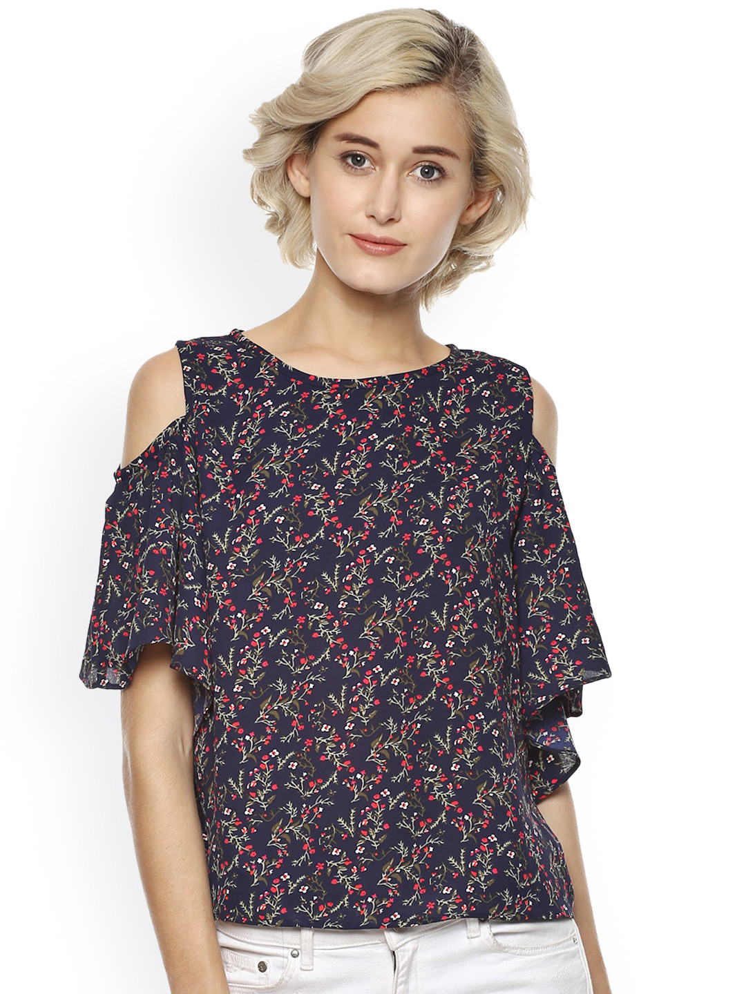 Harpa Women Navy Blue Printed Cold Shoulder Top