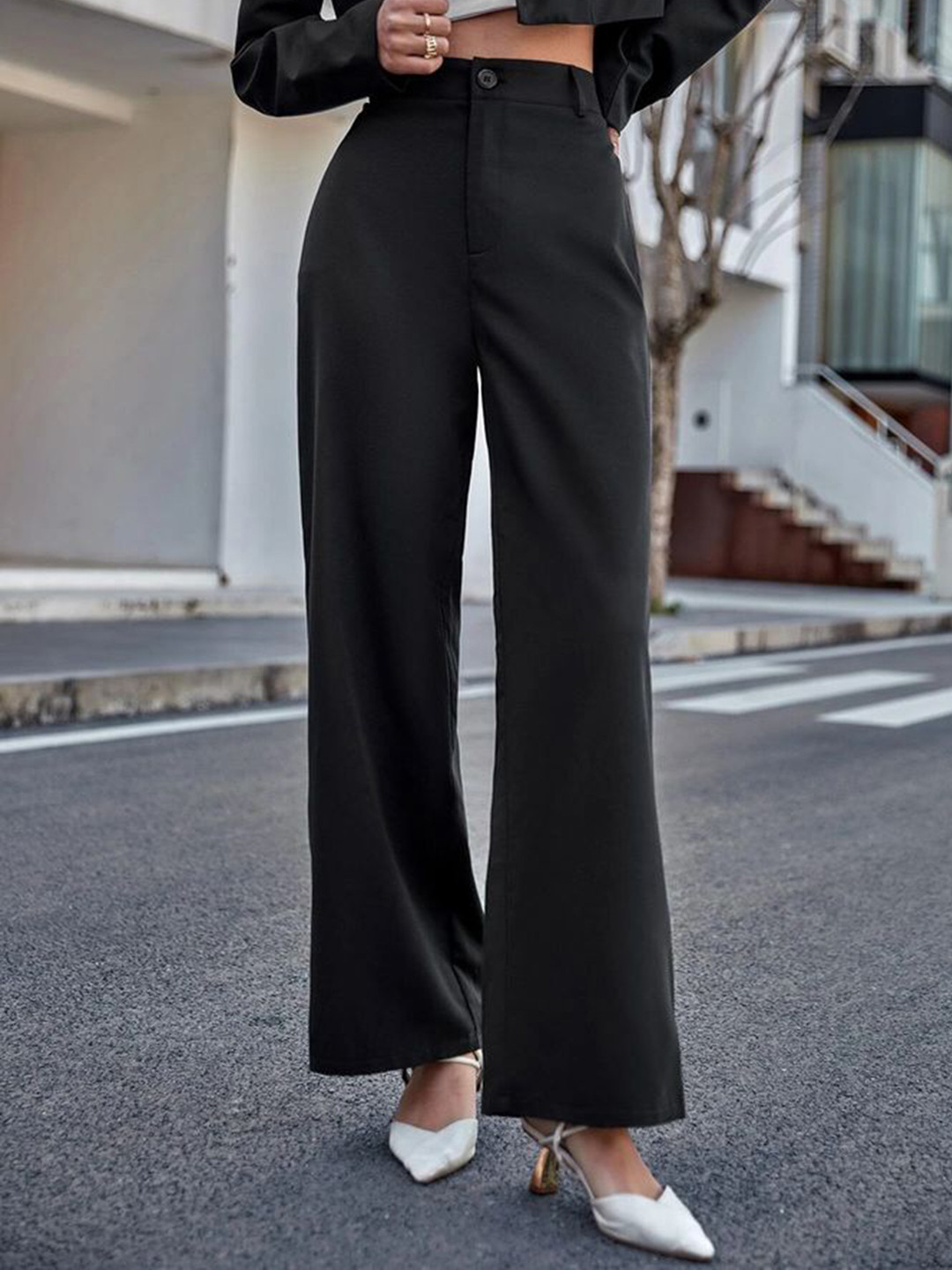 BROADSTAR Women Black Relaxed Straight Leg Loose Fit High-Rise Easy Wash Boot cut Trousers