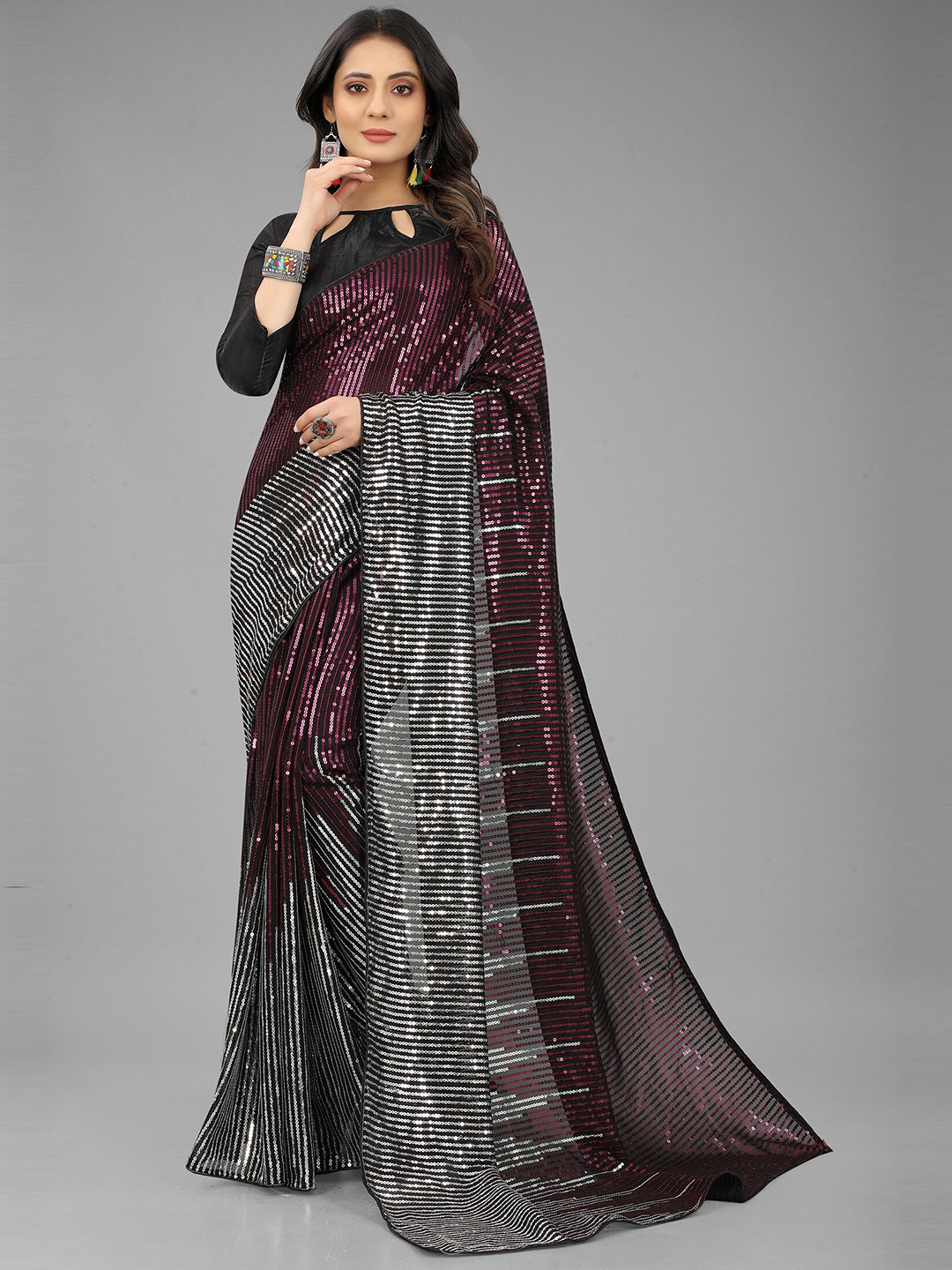 3BUDDY FASHION Purple & Grey Sequined Embellished Half and Half Tant Saree