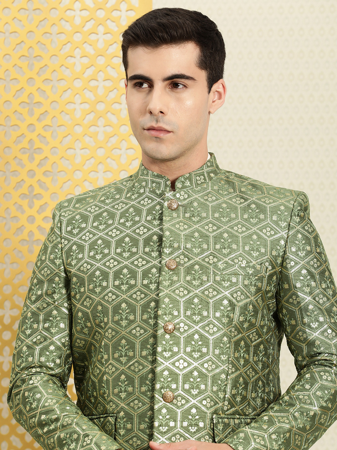 House of Pataudi Men Jashn Mandarin Collar Ethnic Motifs Sequined Bandhgala Blazer