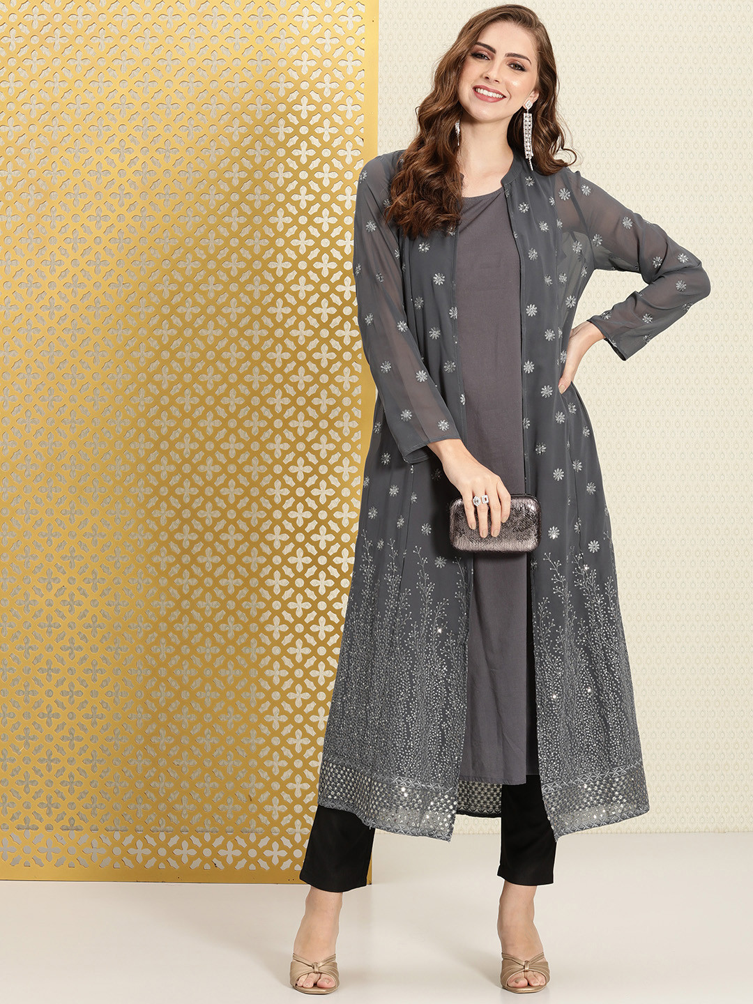 House of Pataudi  Jashn Pure Cotton A-Line Kurta With Sequined Thread Work Jacket