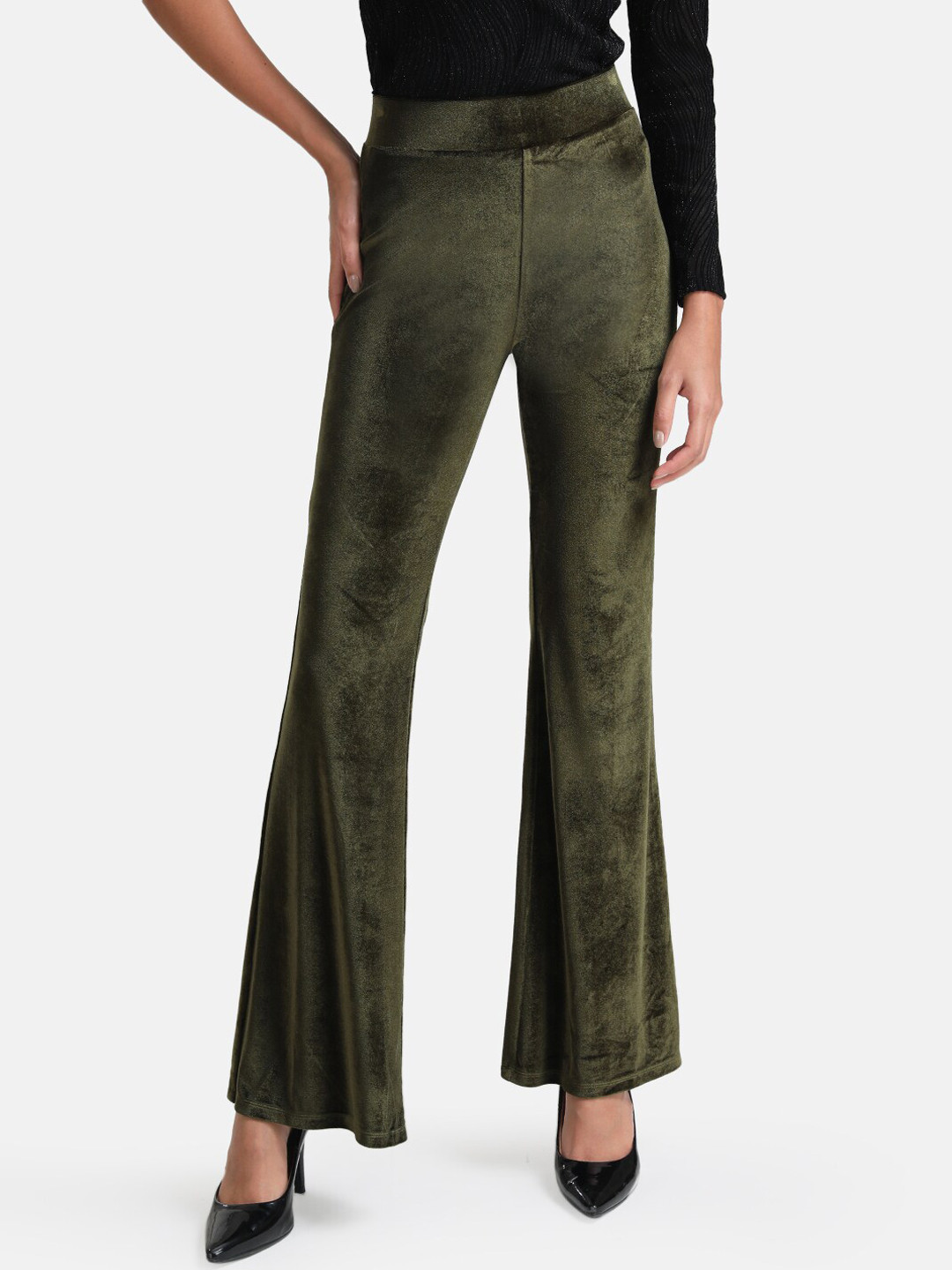 Kazo Women Olive Green Flared High-Rise Trouser