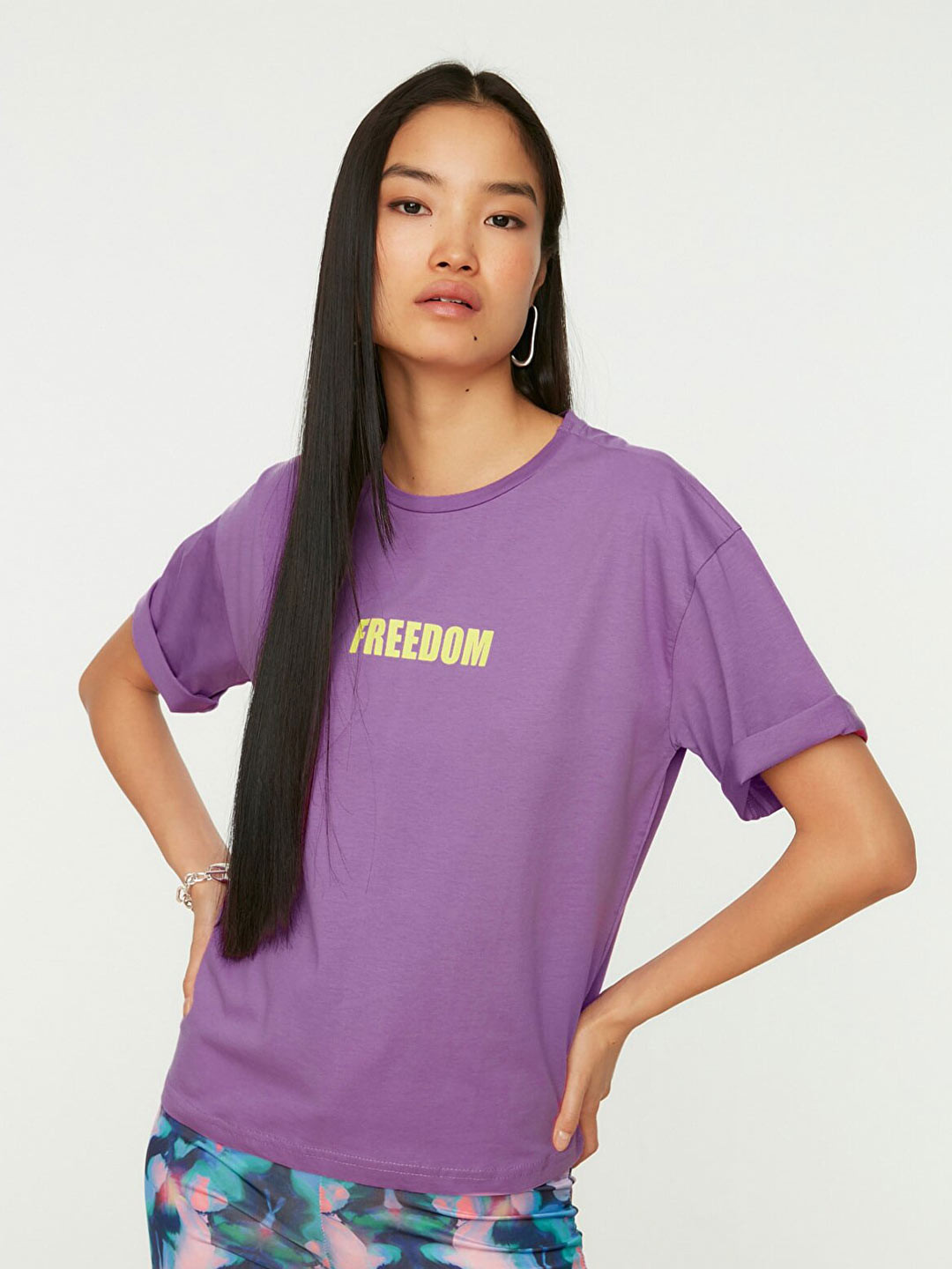 Trendyol Women Violet Typography Printed Drop-Shoulder Sleeves Applique T-shirt