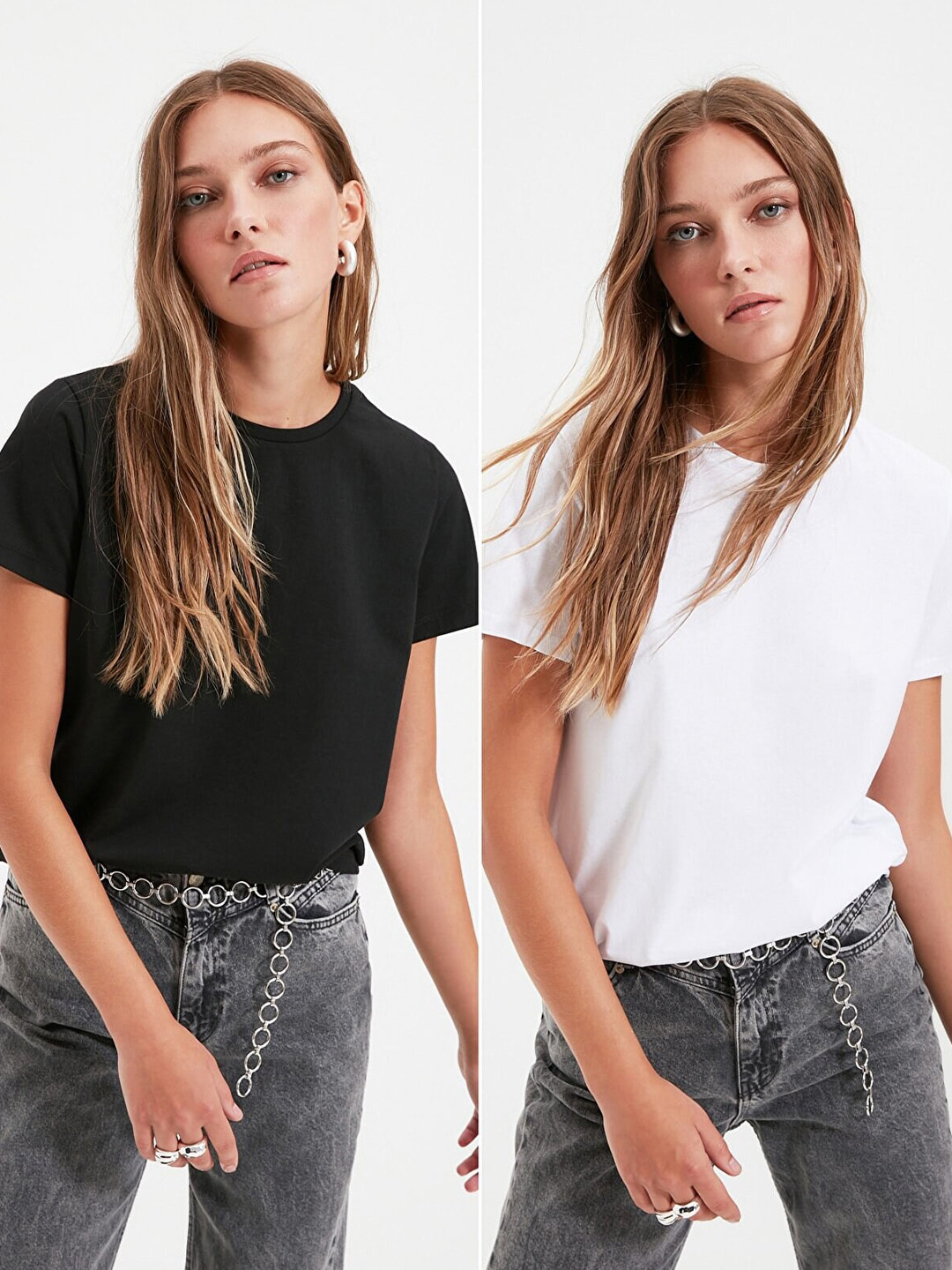 Trendyol Women Pack Of 2 Black & White Solid Regular T-shirts