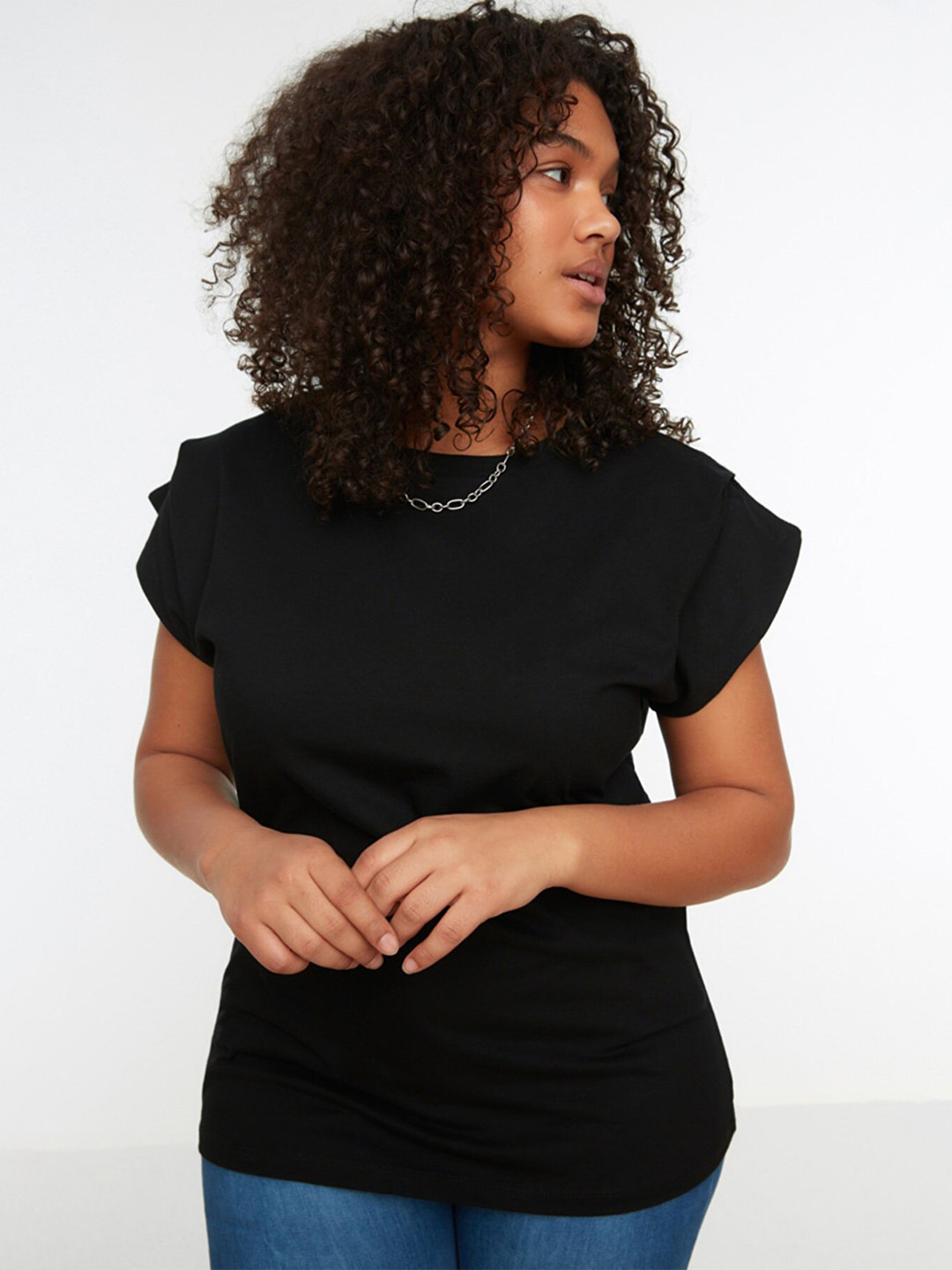 Trendyol Women Black Pure Cotton Solid Extended Sleeves T-shirt