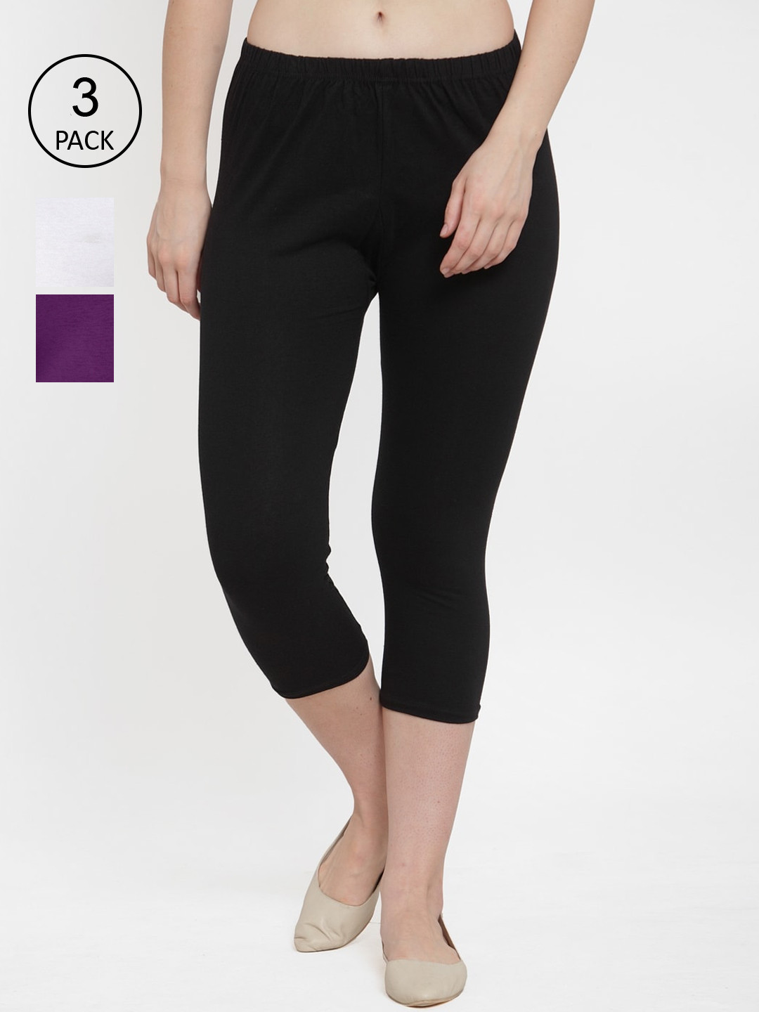 GRACIT Women Set Of 3 Black & White Solid Cotton Capris