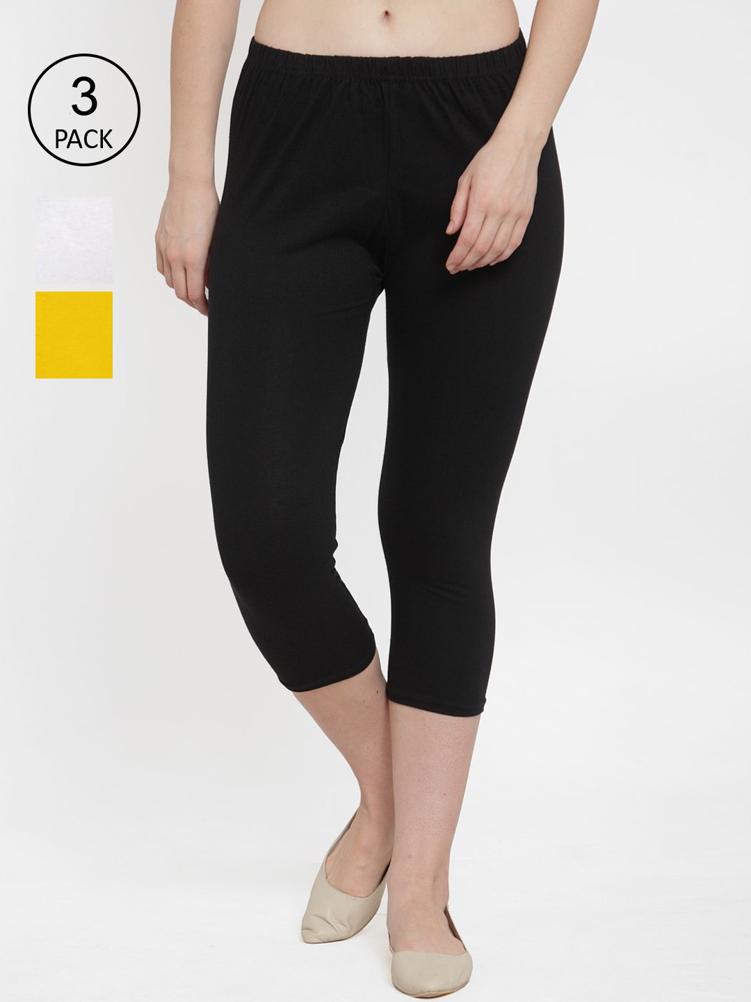 GRACIT Women Set Of 3 Black & White Solid Cotton Capris