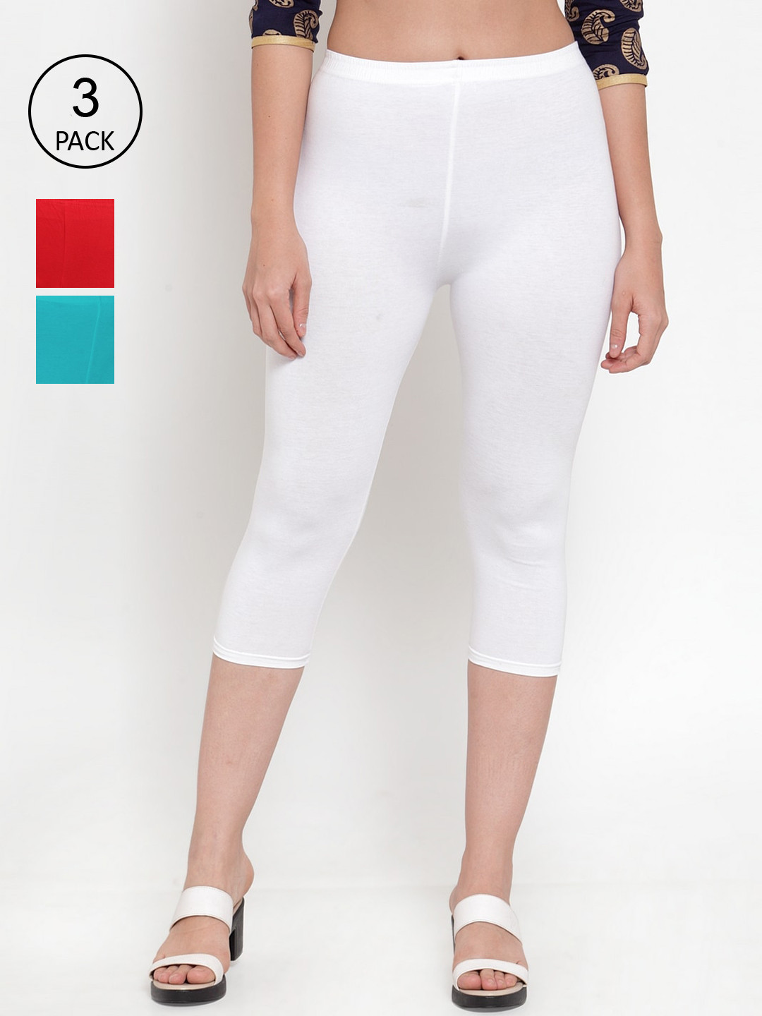 GRACIT Women White Red Blue Super Combod Cotton Lycra Capri