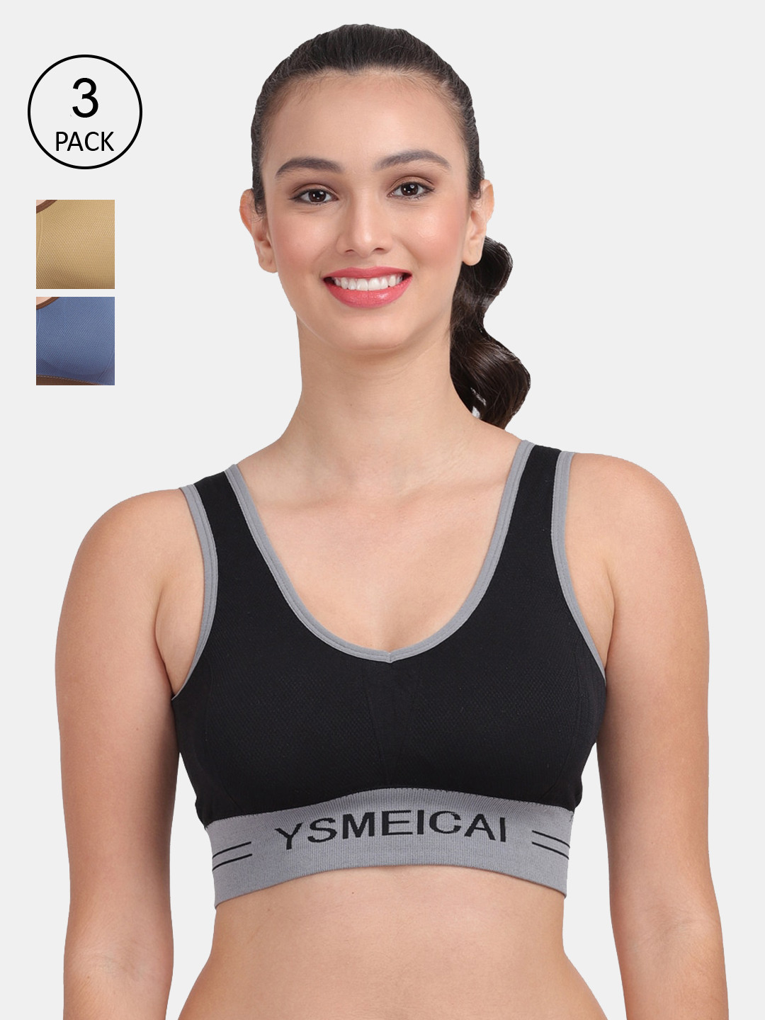 Amour Secret Women Set Of 3 Black-Blue-Olive Lightly Padded Sports Bra