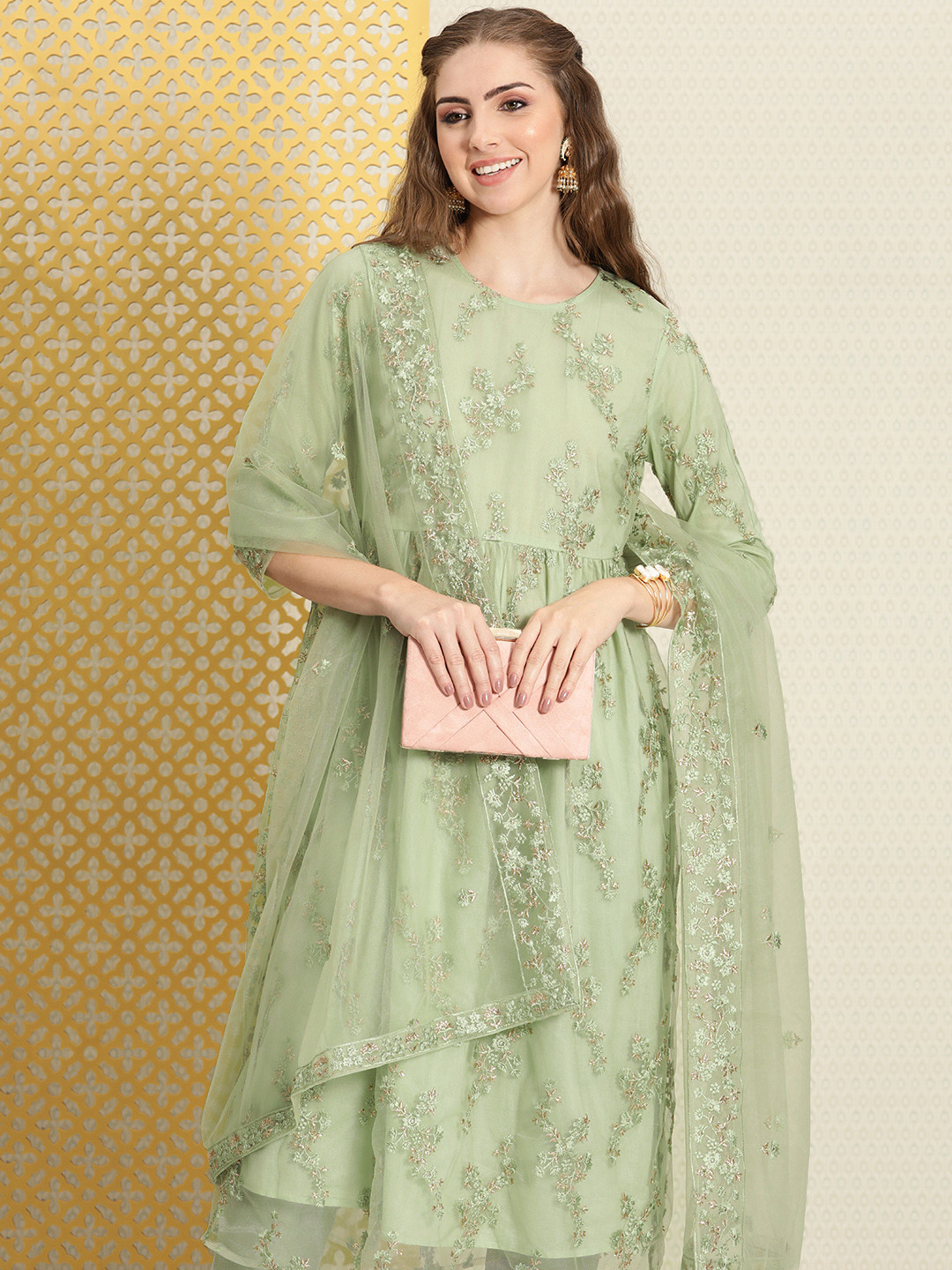 House of Pataudi Women Floral Embroidered Empire Thread Work Net Jashn Kurta Set