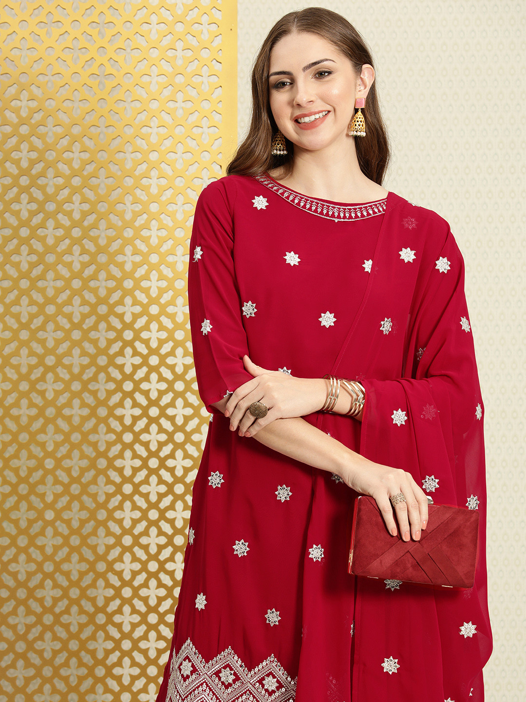 House of Pataudi Women Jashn Ethic Motifs Sequined Zari Work Kurta & Trousers With Dupatta