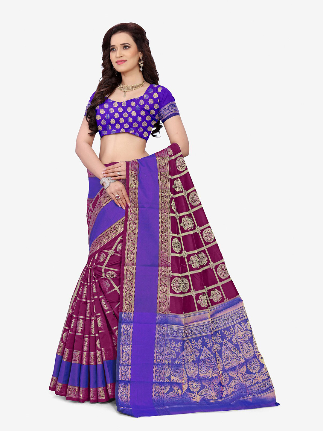 Indian Fashionista Purple & Maroon Floral Zari Art Silk Banarasi Saree