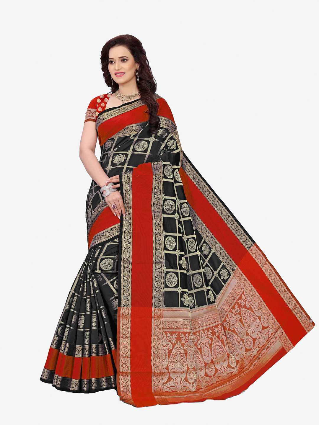 Indian Fashionista Black & Red Ethnic Motifs Zari Art Silk Banarasi Saree