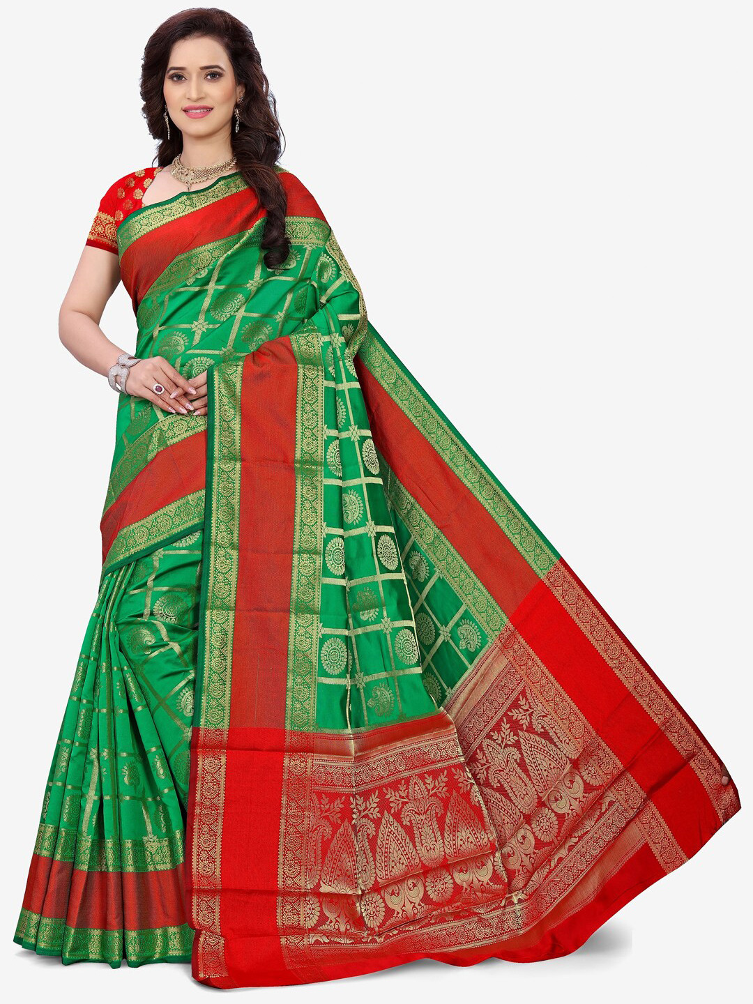 Indian Fashionista Green & Red Woven Design Zari Art Silk Banarasi Saree