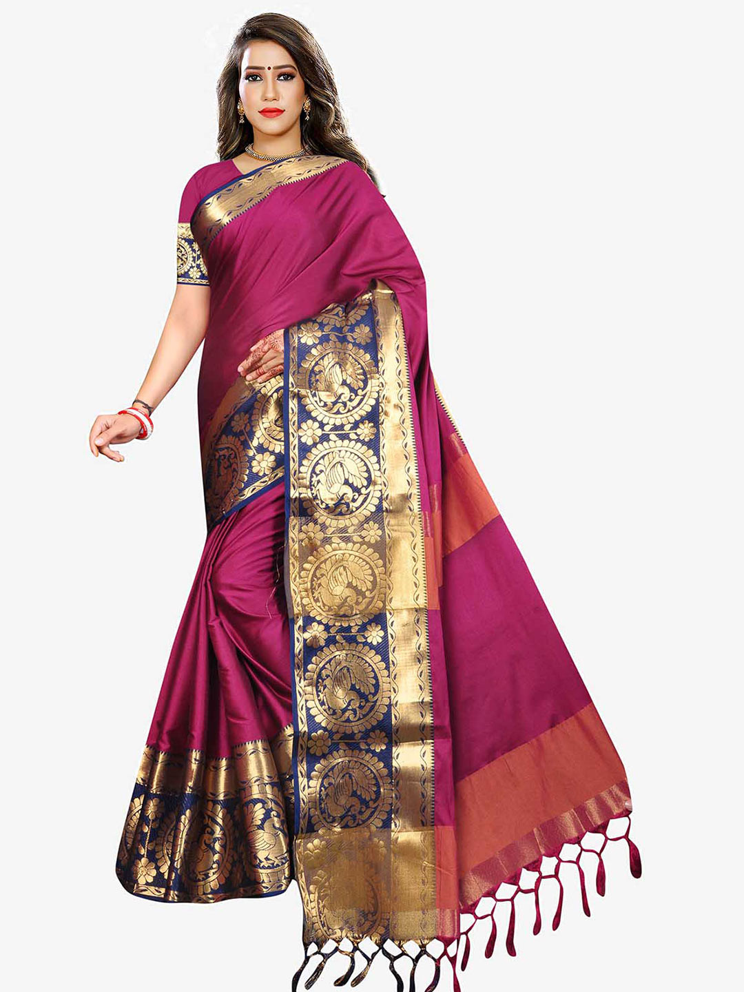 Indian Fashionista Pink & Blue Ethnic Motifs Zari Art Silk Baluchari Saree