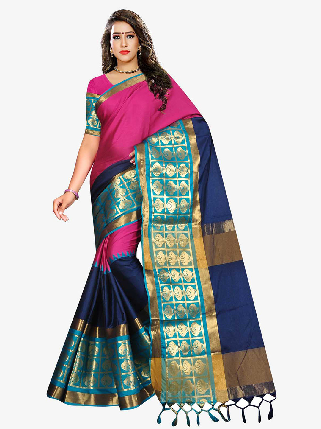 Indian Fashionista Pink & Green Woven Design Zari Art Silk Maheshwari Saree