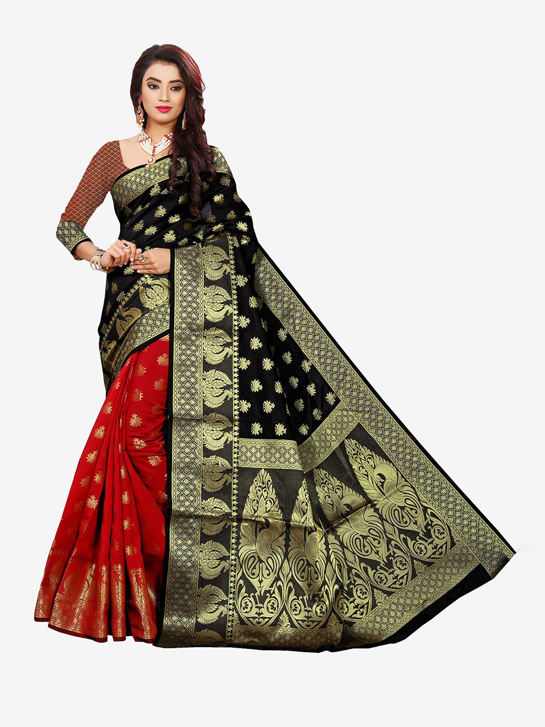 Indian Fashionista Women Black & Red Woven Design Art Silk Zari Banarasi Saree