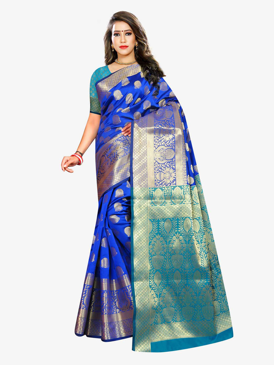 Indian Fashionista Blue & Green Floral Zari Art Silk Banarasi Saree