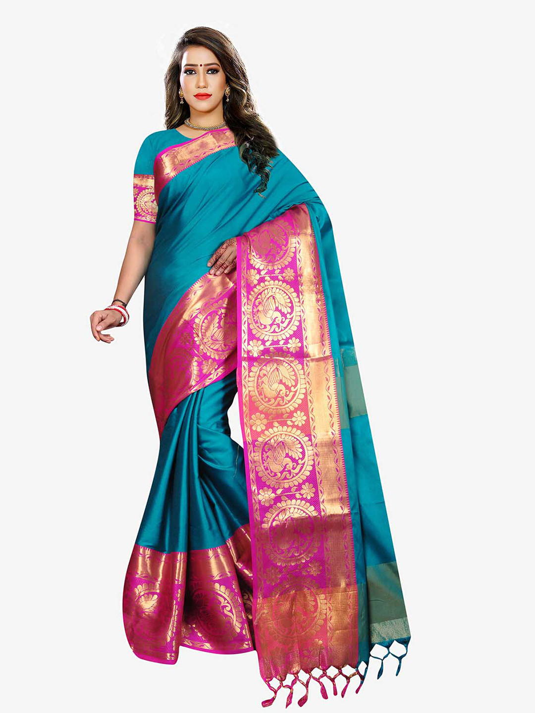 Indian Fashionista Lime Green & Pink Woven Design Zari Art Silk Baluchari Saree