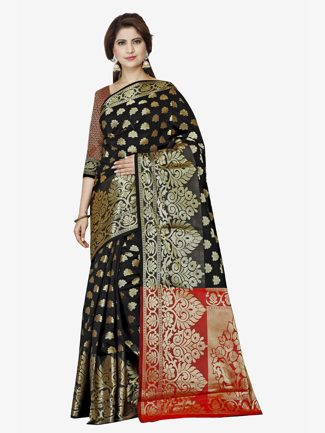 Indian Fashionista Black & Orange Woven Design Zari Art Silk Banarasi Saree