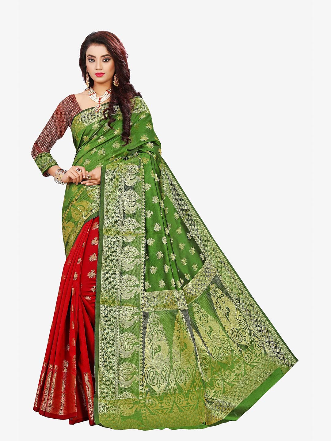 Indian Fashionista Sea Green & Red Paisley Zari Art Silk Banarasi Saree
